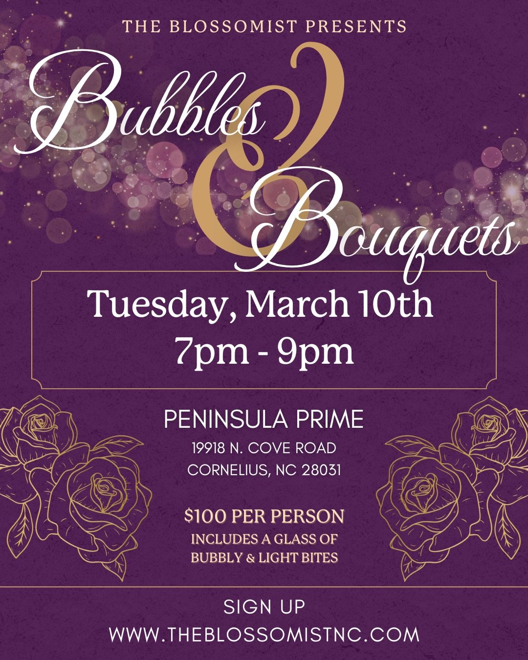 💐My next Flower Party will be at the fabulous Peninsula Prime in Cornelius! 

🍾Join us for an evening of Bubbles and Bouquets! Learn how to make a gorgeous floral arrangement from start to finish all while sipping a glass of bubbly and enjoying som