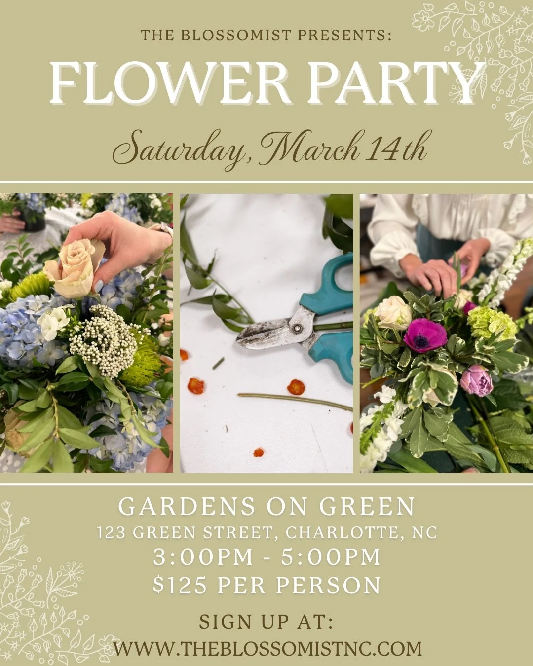 I&rsquo;m so excited to be back at Gardens on Green next month for a Flower Party! 🪴

Their gorgeous greenhouse is the perfect setting for a floral design workshop. Join me on Saturday, March 14th at 3pm and learn how to make your own gorgeous flora