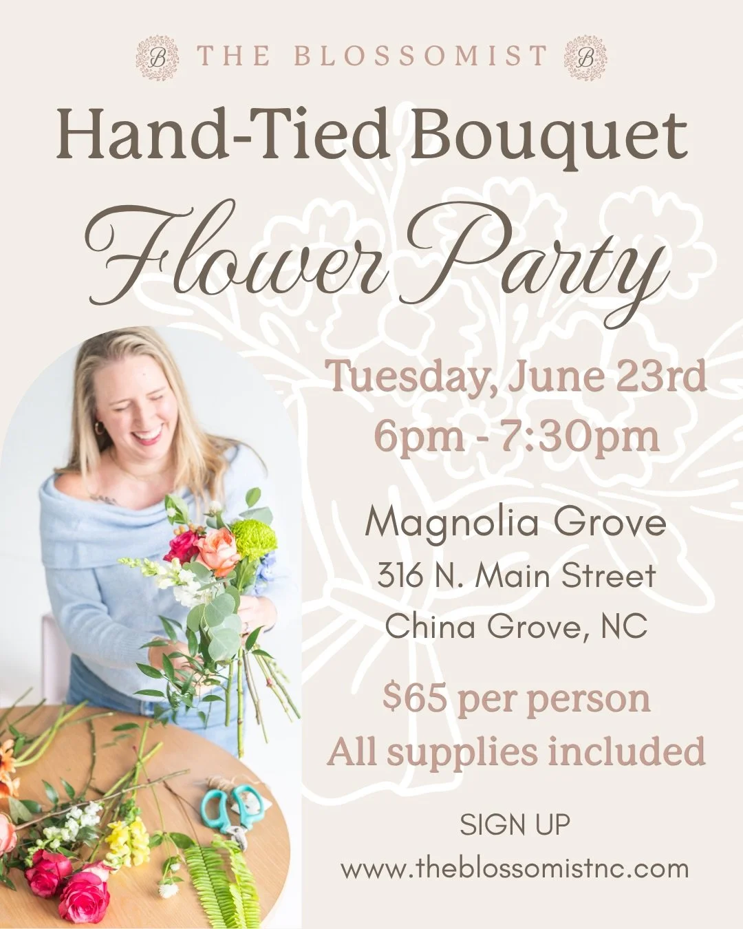 💐 This is your opportunity to never have &ldquo;ugly&rdquo; flowers again! 

Join The Blossomist on Tuesday, June 23rd at Magnolia Grove Spa and Wellness Collective in China Grove for a Hand-Tied Bouquet in a Mason Jar Class! You&rsquo;ll learn how 