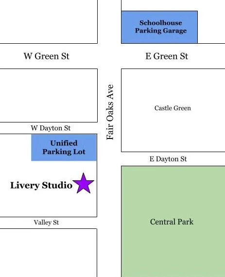 Map of Central Avenue Church at the Livery Studio with parking lots nearby