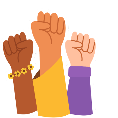 three diverse arms raised with fists in solidarity icon
