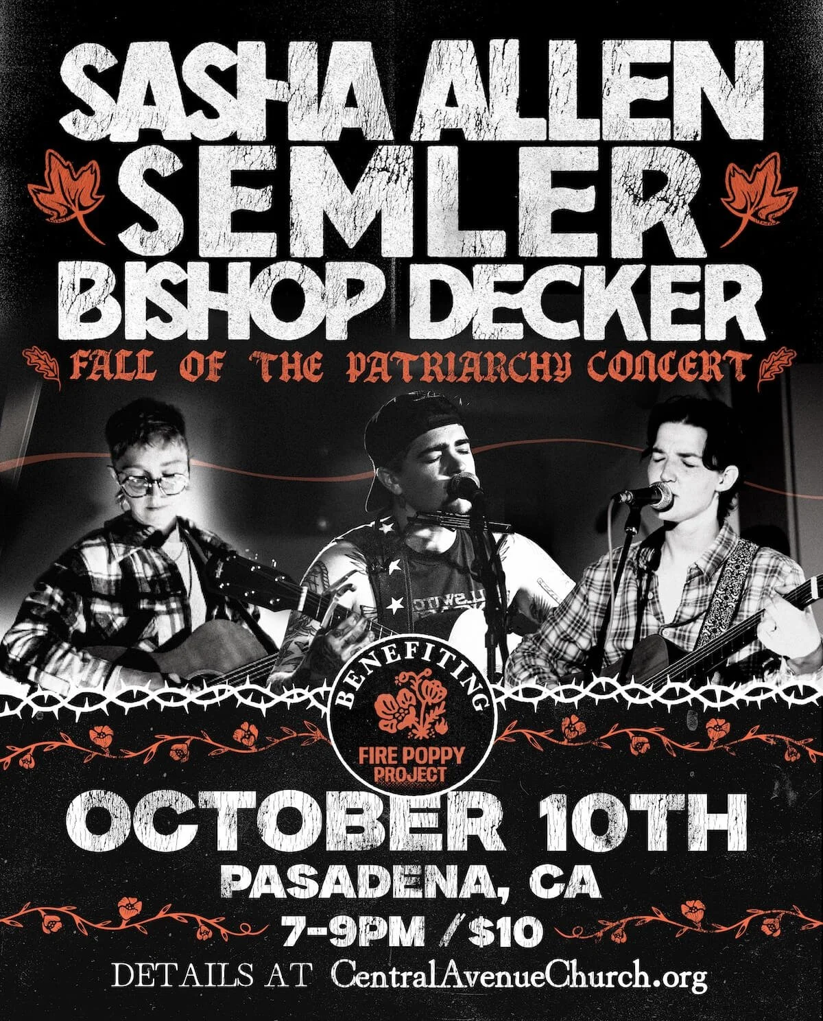 Sasha Allen, Semler, Bishop Decker Fall of the Patriarchy benefit concert on October 10 from 7-9pm details at CentralAvenueChurch.org
