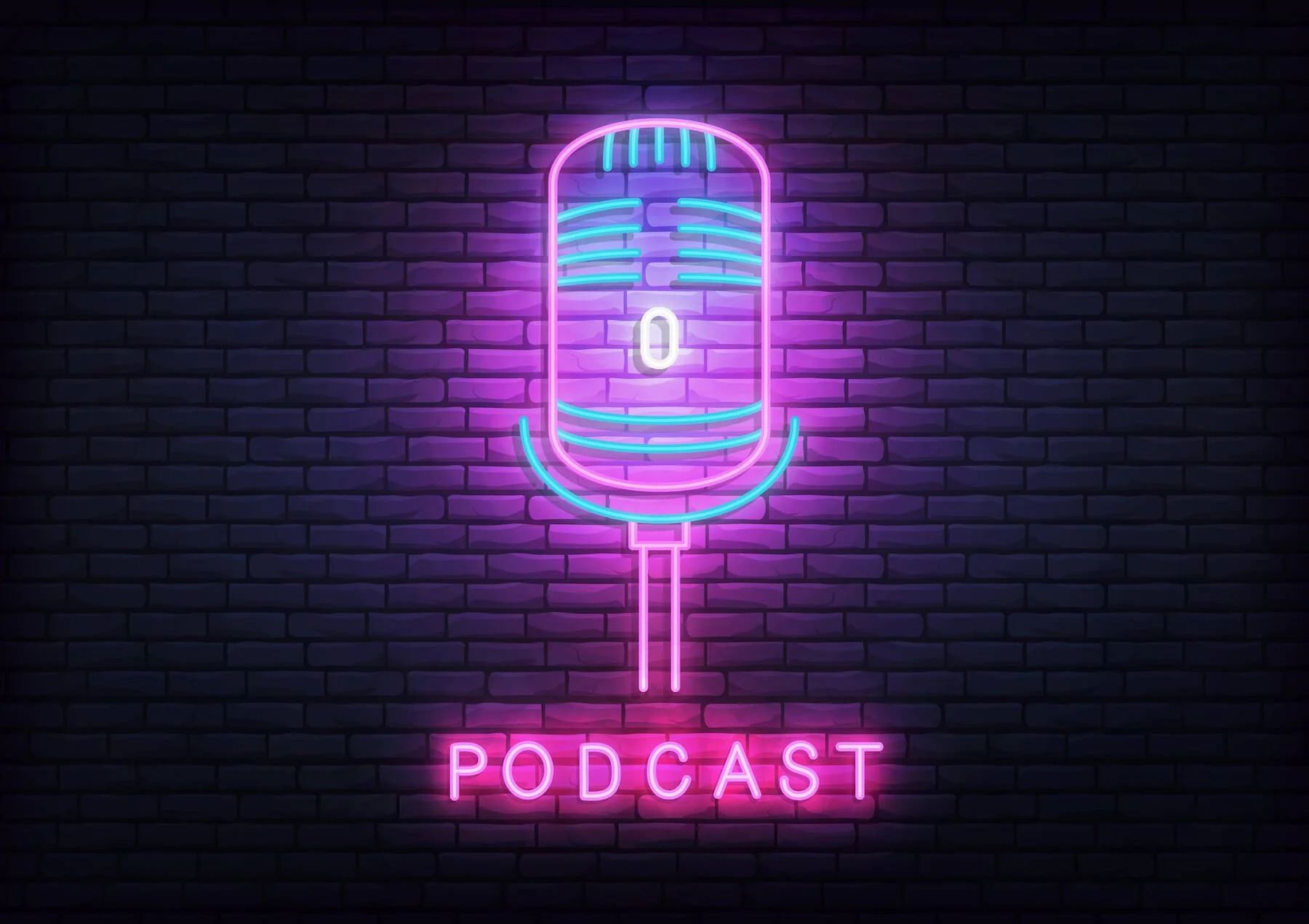 neon microphone sign with the word "podcast" in neon