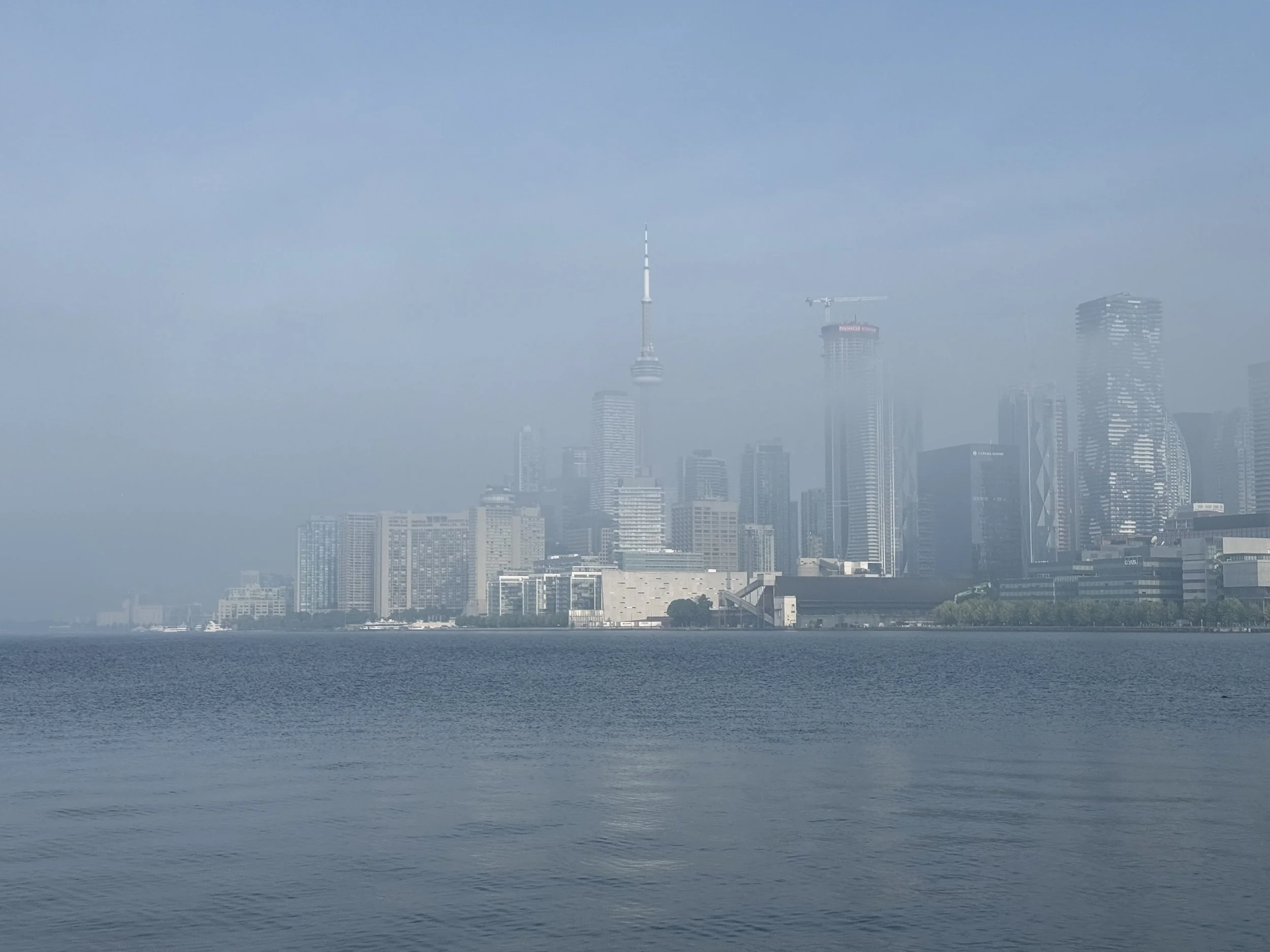 A city skyline with tall buildings and a tower in the background, viewed across a body of water with a calm surface, during a foggy or hazy day.
