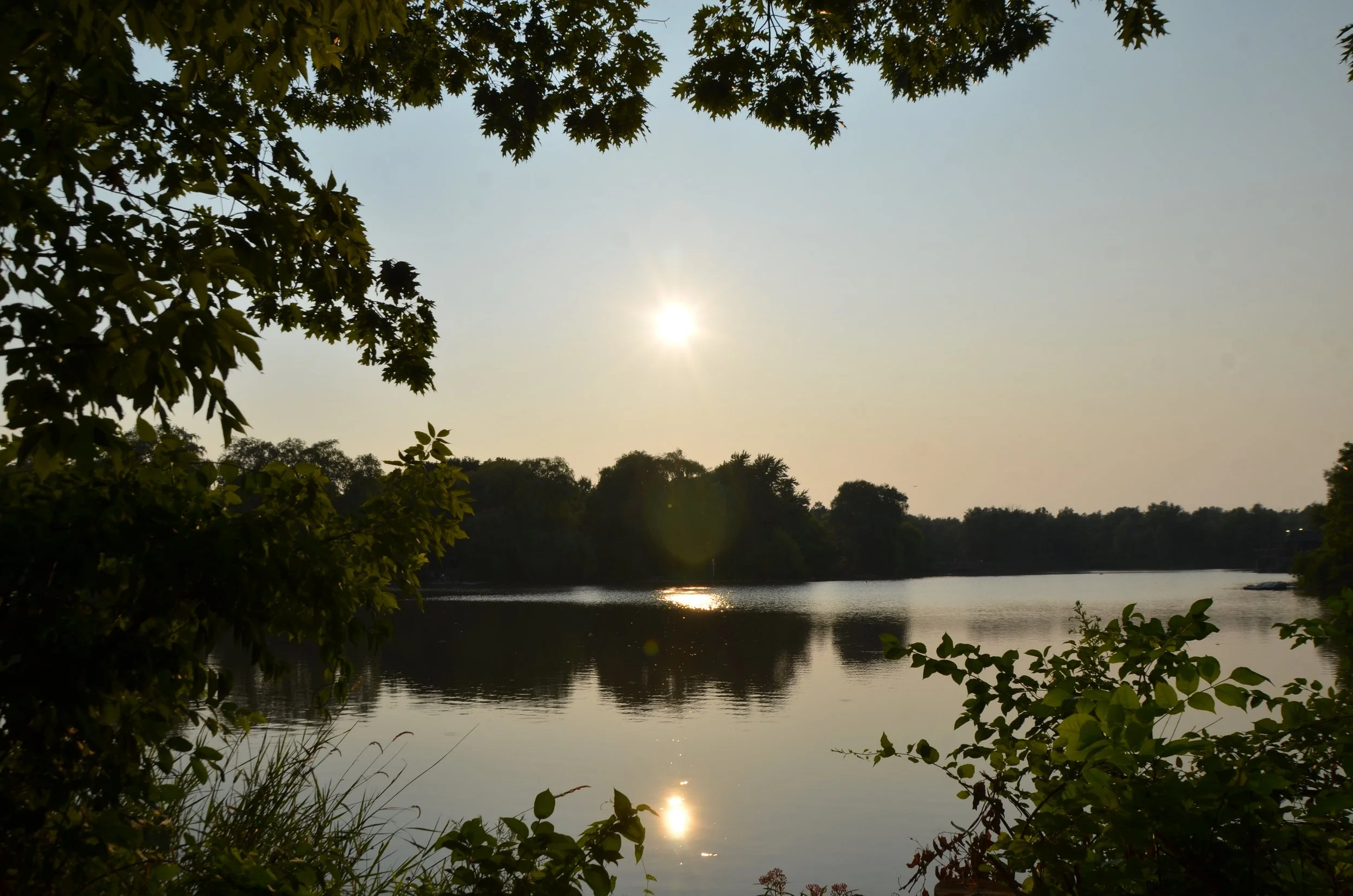 A peaceful river scene at sunset with the sun reflecting on the water, framed by trees and greenery.