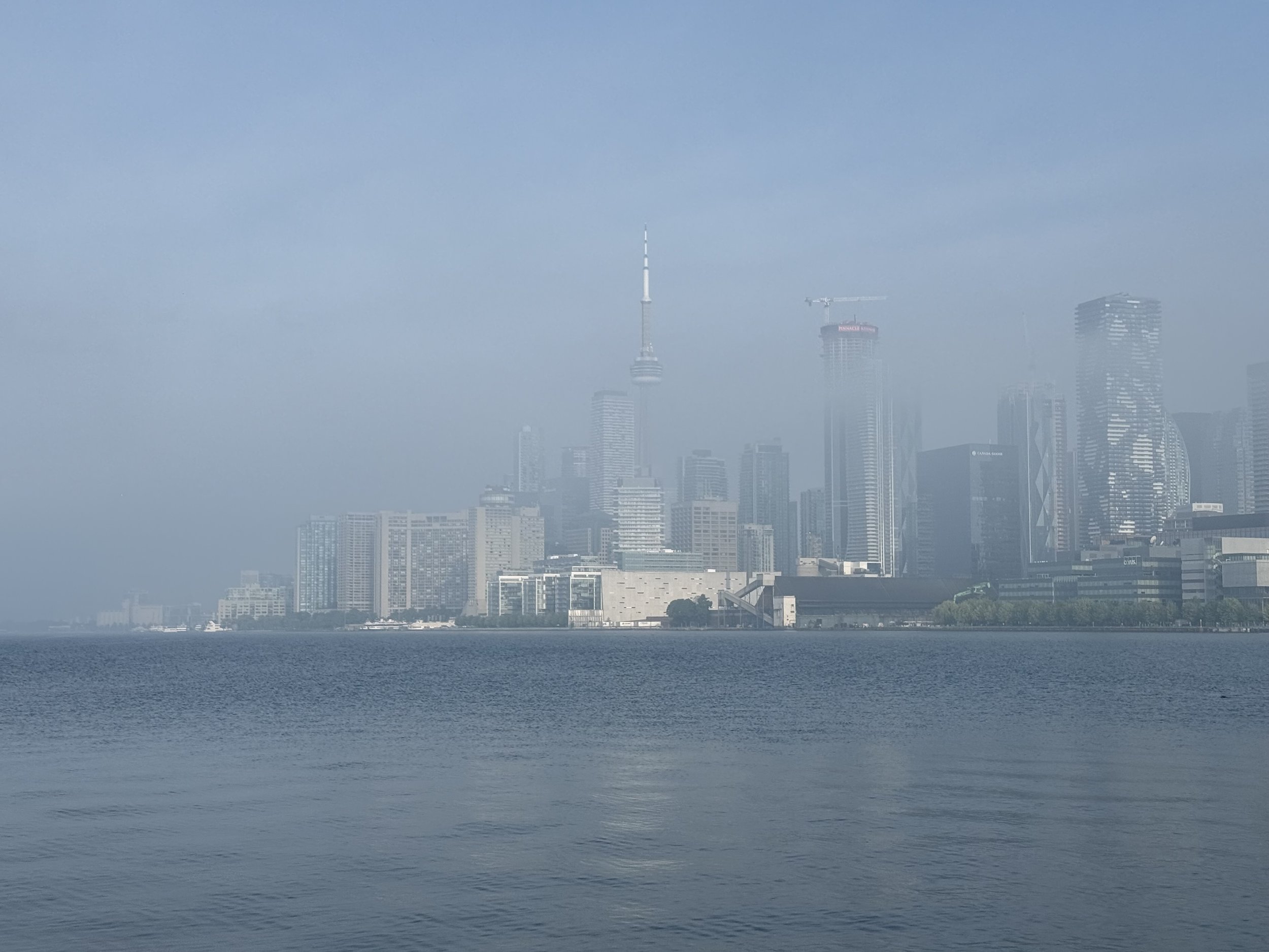 Foggy view of a city skyline with tall modern buildings, including a tower, behind a body of water.