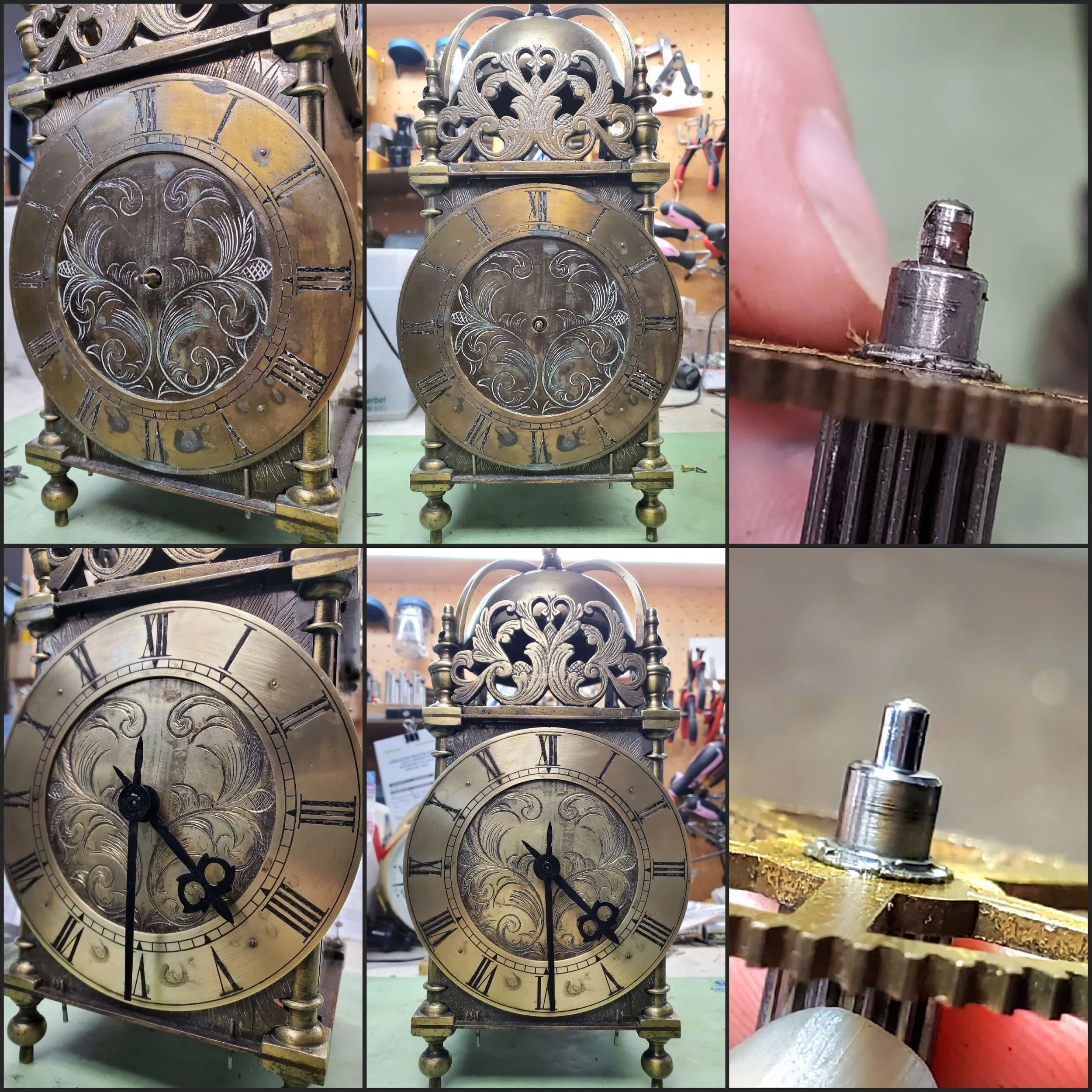 A collage showing before and after of a clock with Roman numerals and intricate metalwork on the face. The grime has been removed from the scrollwork, and the pivots have been polished.