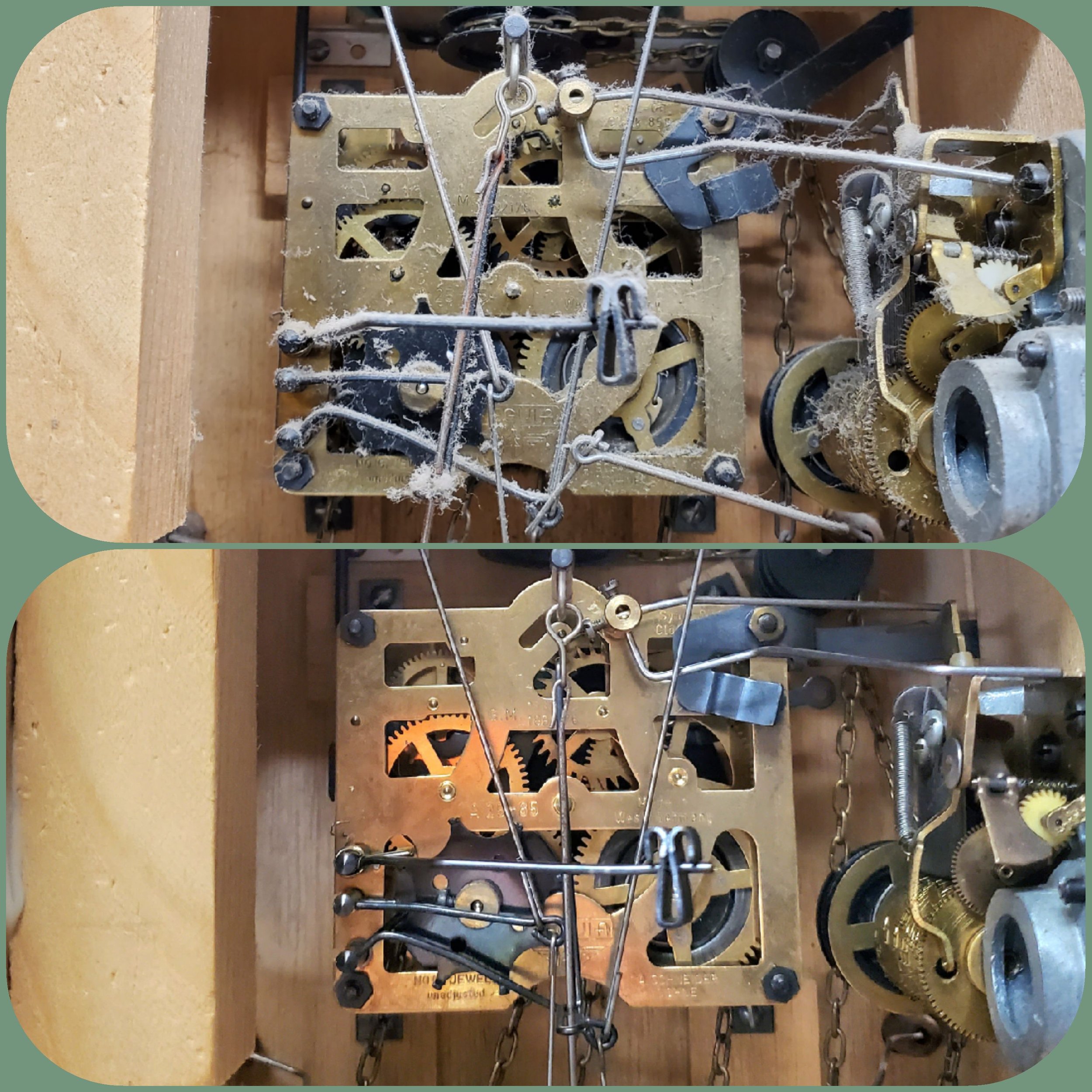 Comparison of the inner mechanisms of a cuckoo clock, showing gears, chains, and metal components, with the before image worn out and  dusty, and the after cleaned and shiny.