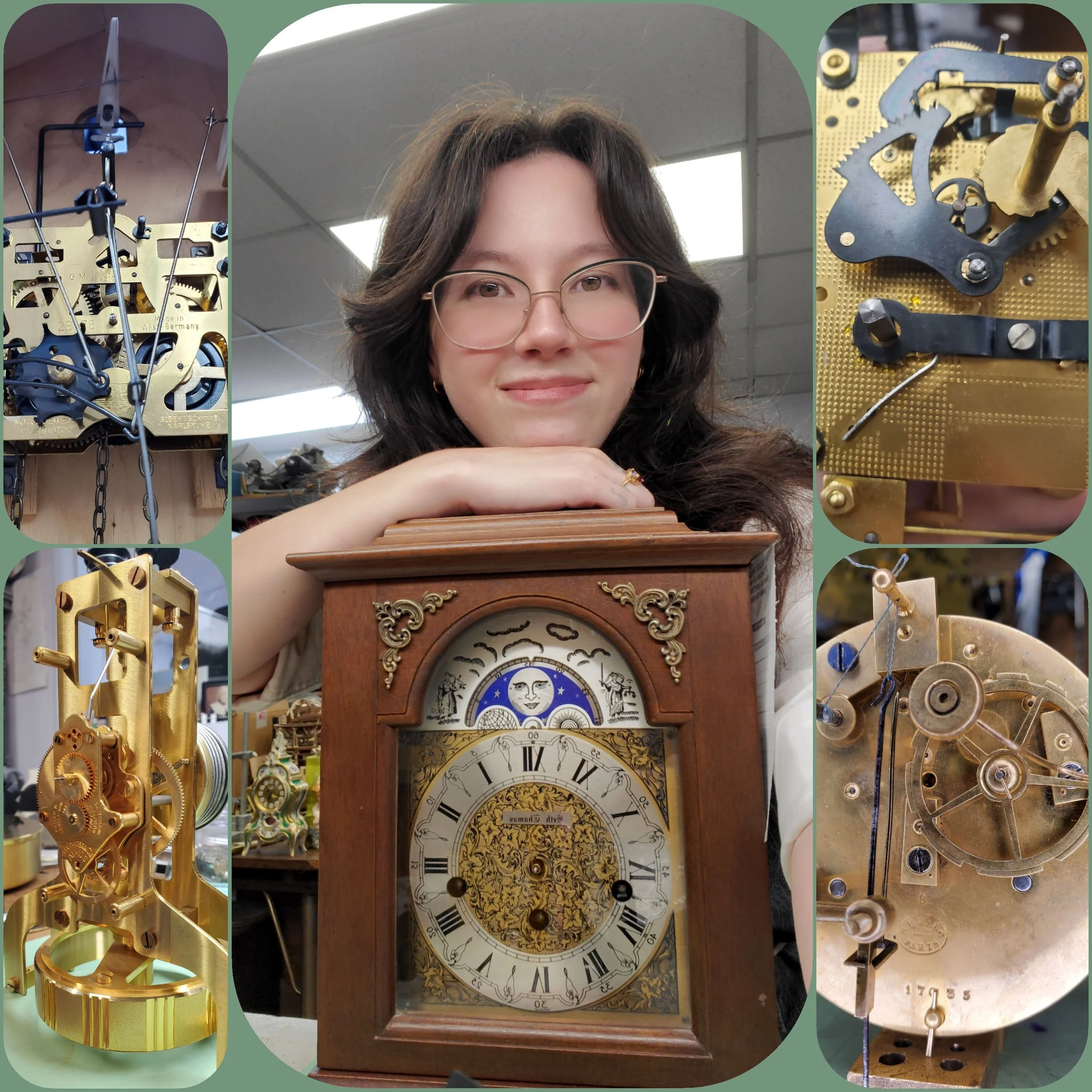 The clockmaker, a young woman with glasses, leaning on a wooden antique clock she is holding, surrounded by images of clock mechanisms and gears that she has worked on.