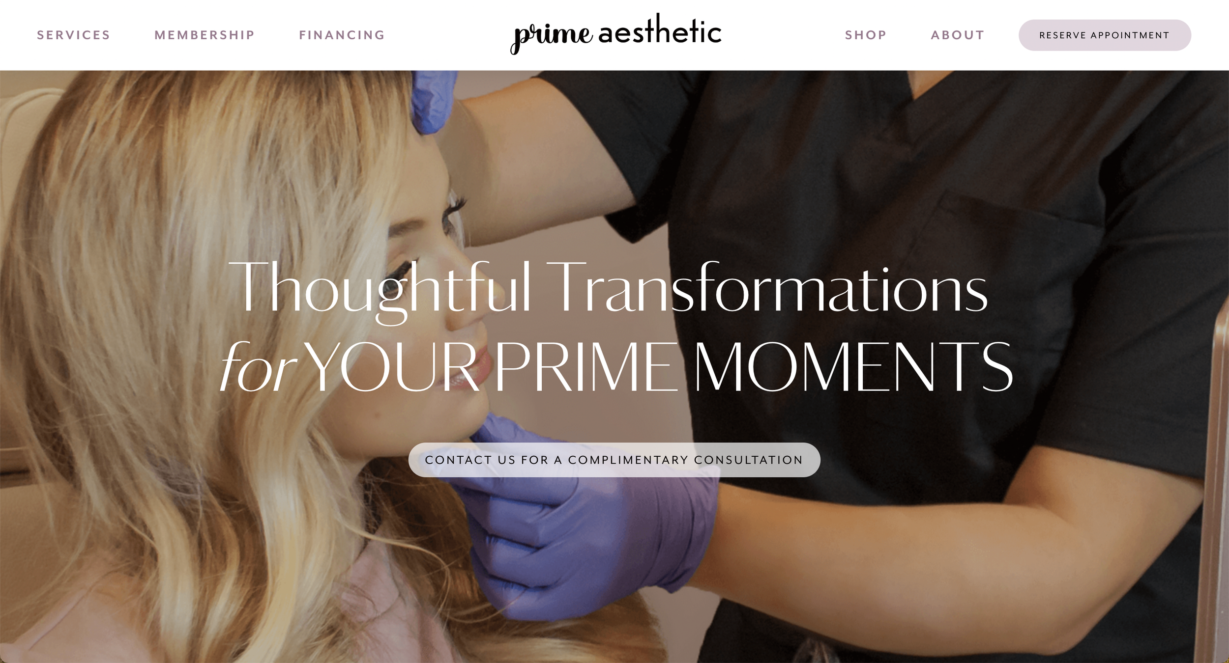 A woman receiving a cosmetic procedure, with a professional in black scrubs wearing purple gloves, in a modern aesthetic clinic.