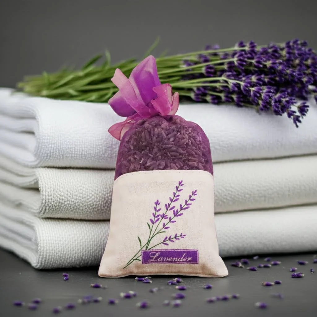 A lavender sachet crafted from delicate organza and embroidered linen offers a subtle blend of elegance and natural fragrance. Filled with a carefully selected mix of lavender buds, this sachet provides a soothing aroma that promotes relaxation and f
