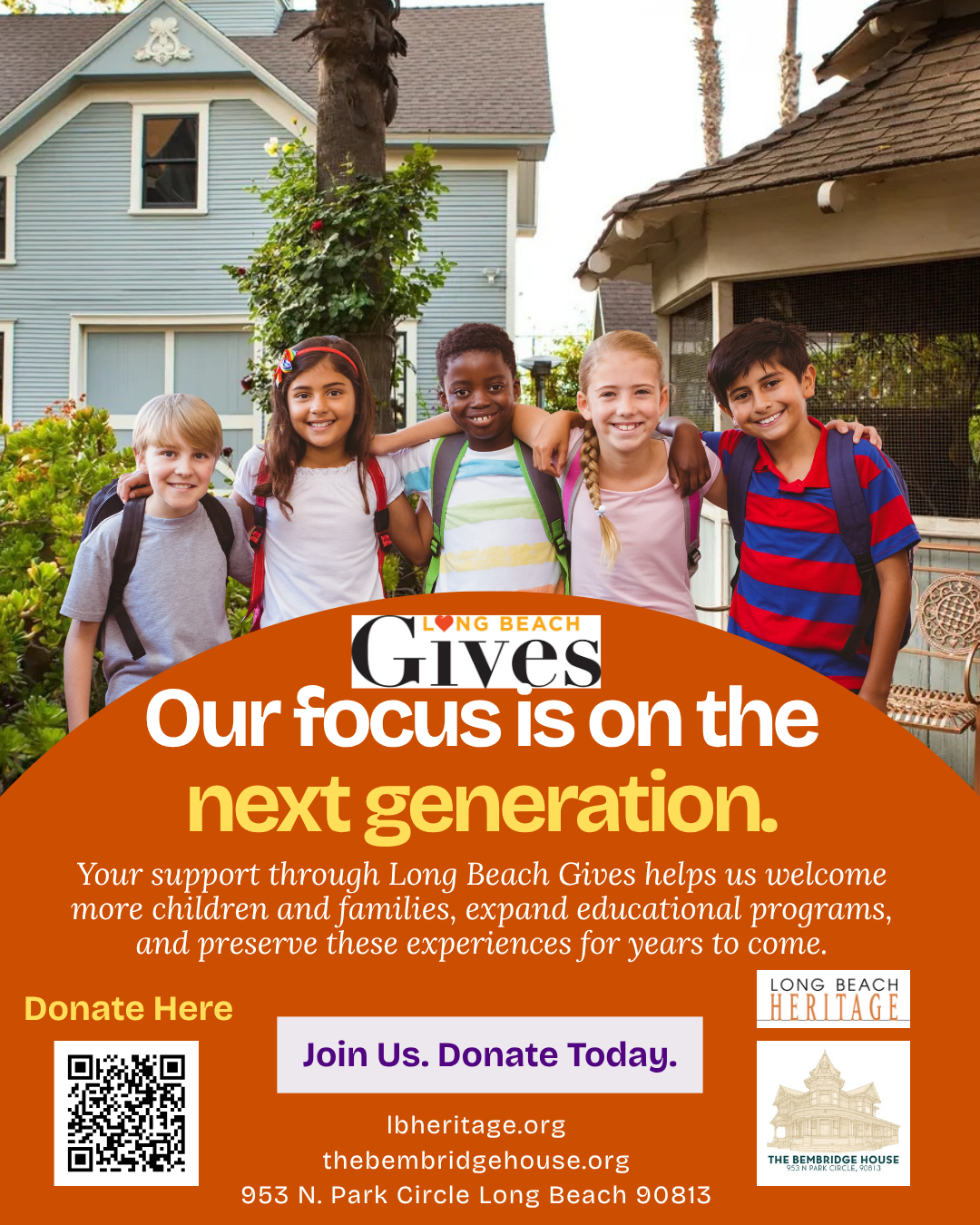 Colorful flyer featuring a group of five diverse children with backpacks outdoors in front of a house and trees, promoting donations to Long Beach Gives for supporting children and families.