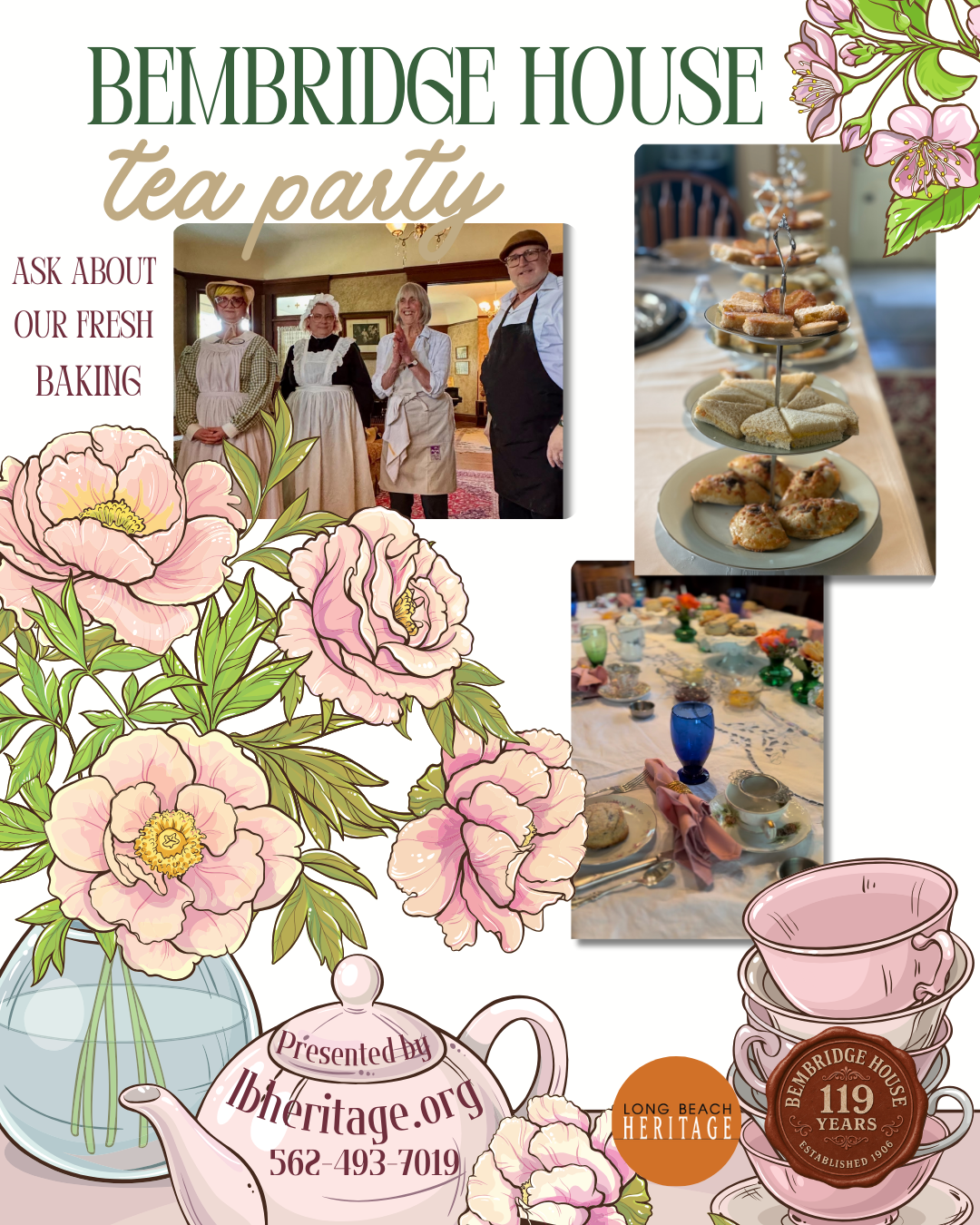 Flyer for BEmbridge House tea party featuring photos of a group of elderly people dressed in vintage clothing, a tiered tray with assorted sandwiches and scones, a table set with teacups, teapots, and colorful glassware, floral illustrations, and text promoting the event and heritage organization.