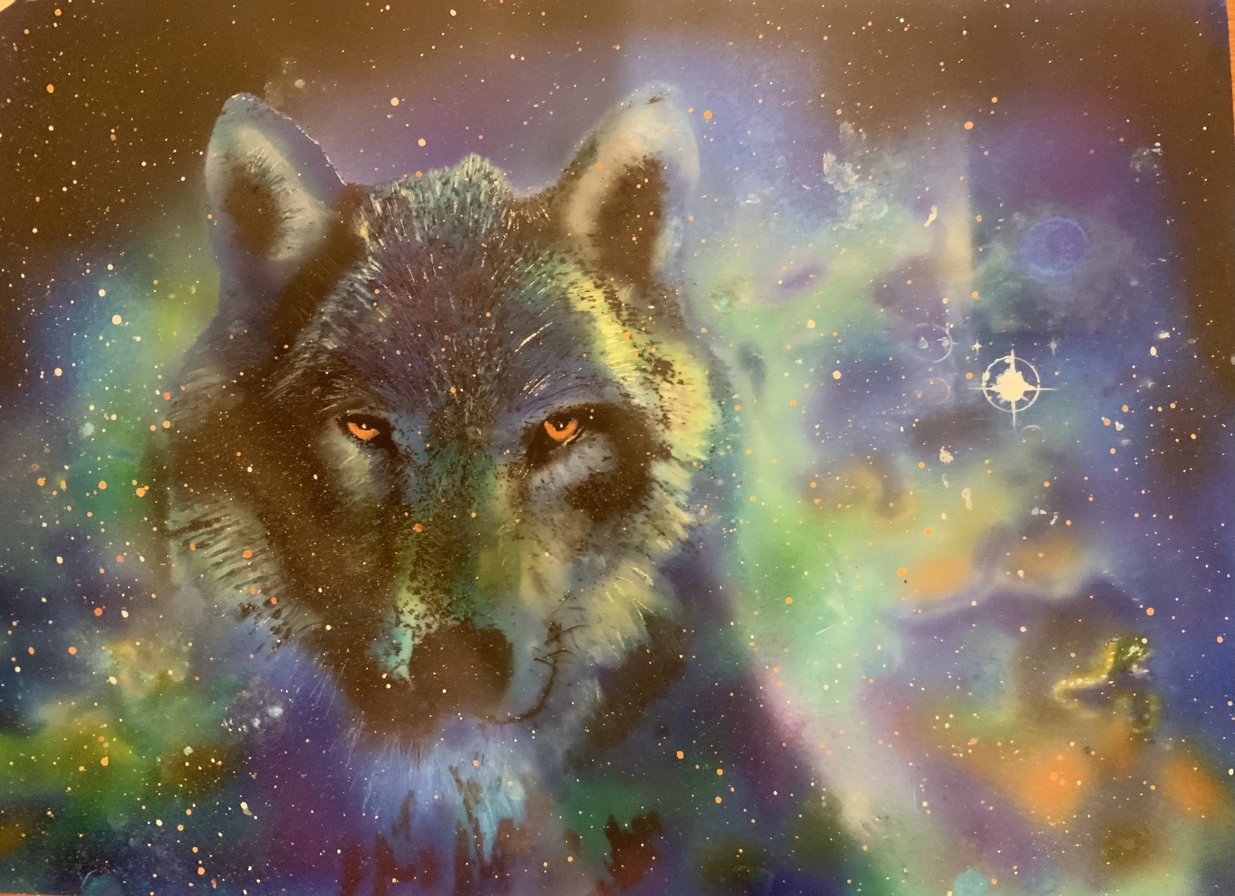 A painting of a wolf with a cosmic background filled with stars and swirling colors.