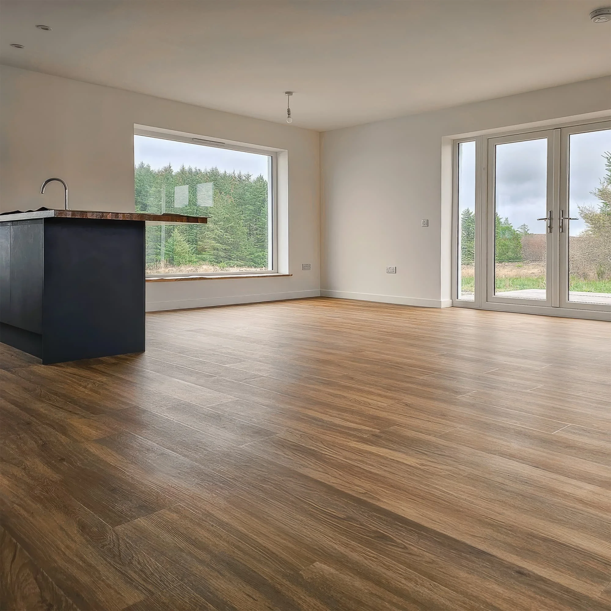 Empty room with large windows and a wood floor, sunlight coming in, and a small kitchen island with a sink.