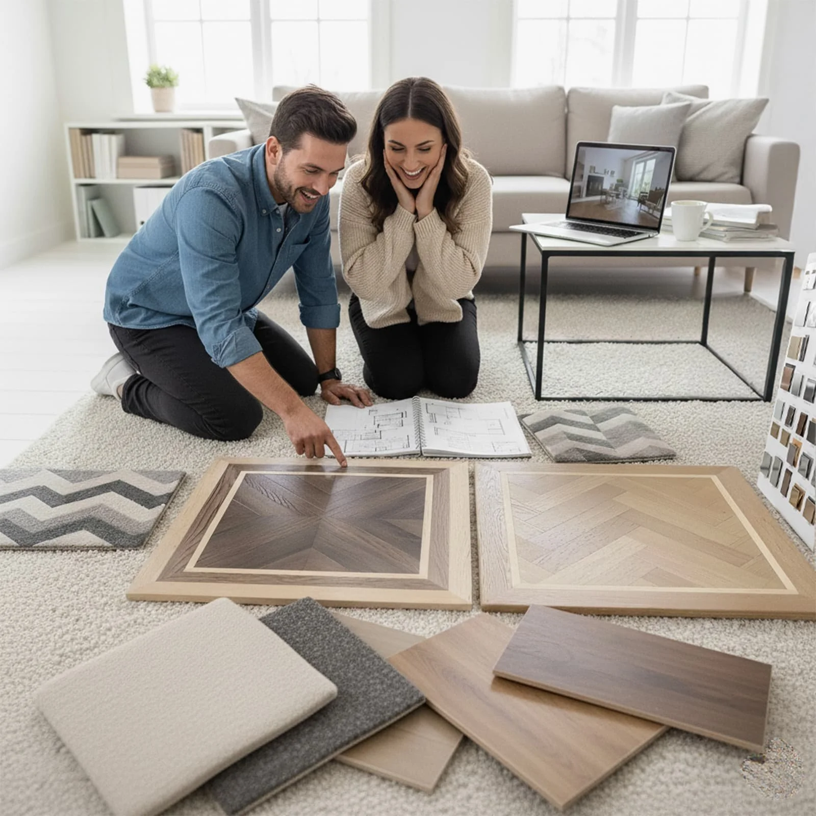 A man and woman are sitting on the carpeted floor looking at color samples and floor plans, with various wood flooring pieces and color samples laid out in front of them.