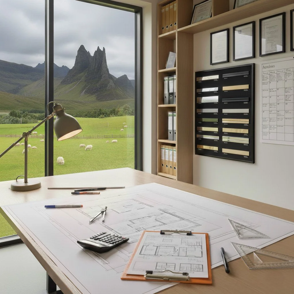 View from an office window showing a green field with sheep and mountains in the background. Inside the office, there are architectural plans on the desk, a desk lamp, and a bookshelf with binders and framed certificates.