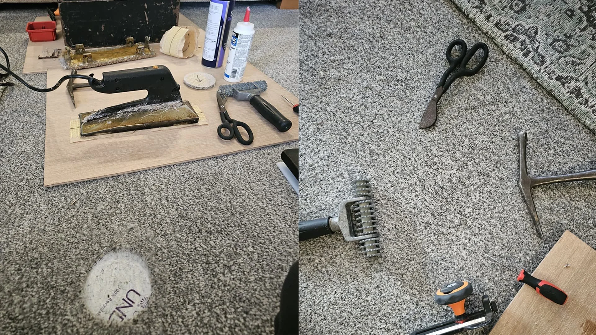 Tools and supplies for carpet repair include an iron, scissors, glue, a brush, and a patch. The scene shows a workspace with carpet, a piece of wood, and mending supplies.