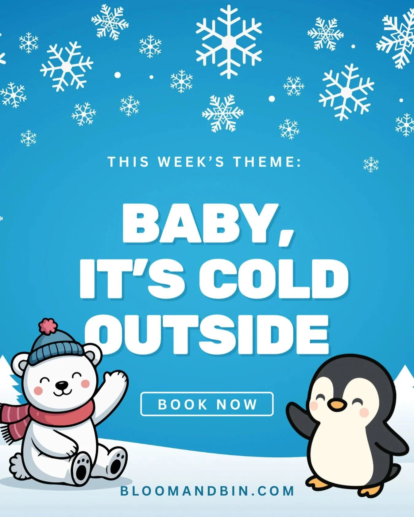 Theme of the Week: Baby It&rsquo;s Cold Outside❄️☃️ This week&rsquo;s bins feature &ldquo;hot chocolate&rdquo; making, snowman building, and arctic animals! Book now!