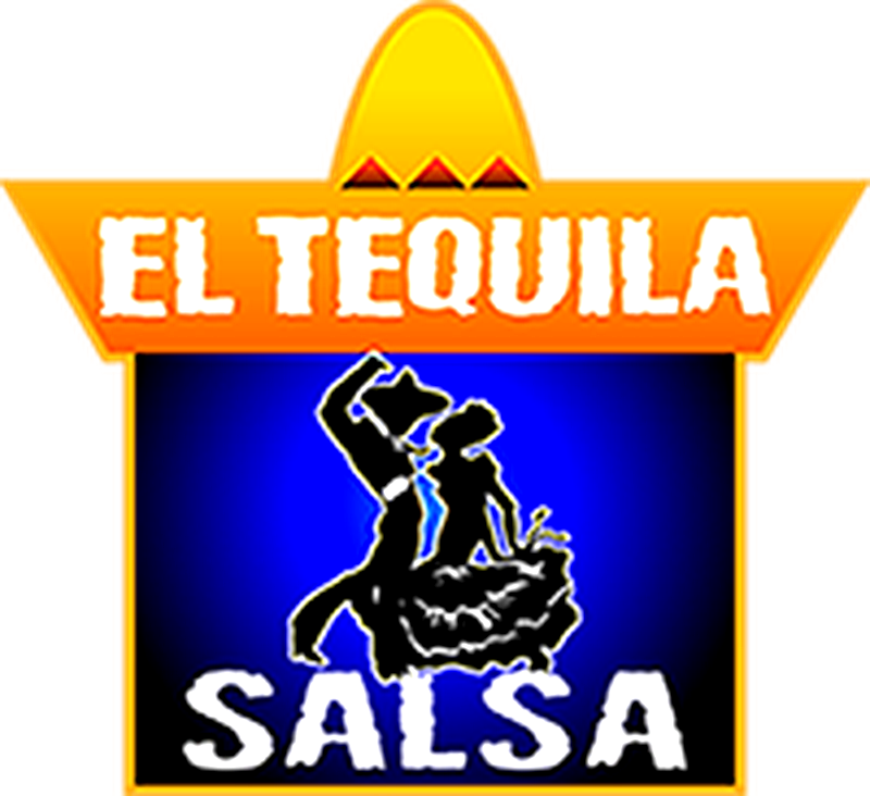 Logo with a star shape, featuring two silhouettes of dancers in traditional Mexican attire, with the text "El Tequila" at the top and "Salsa" at the bottom, in white.