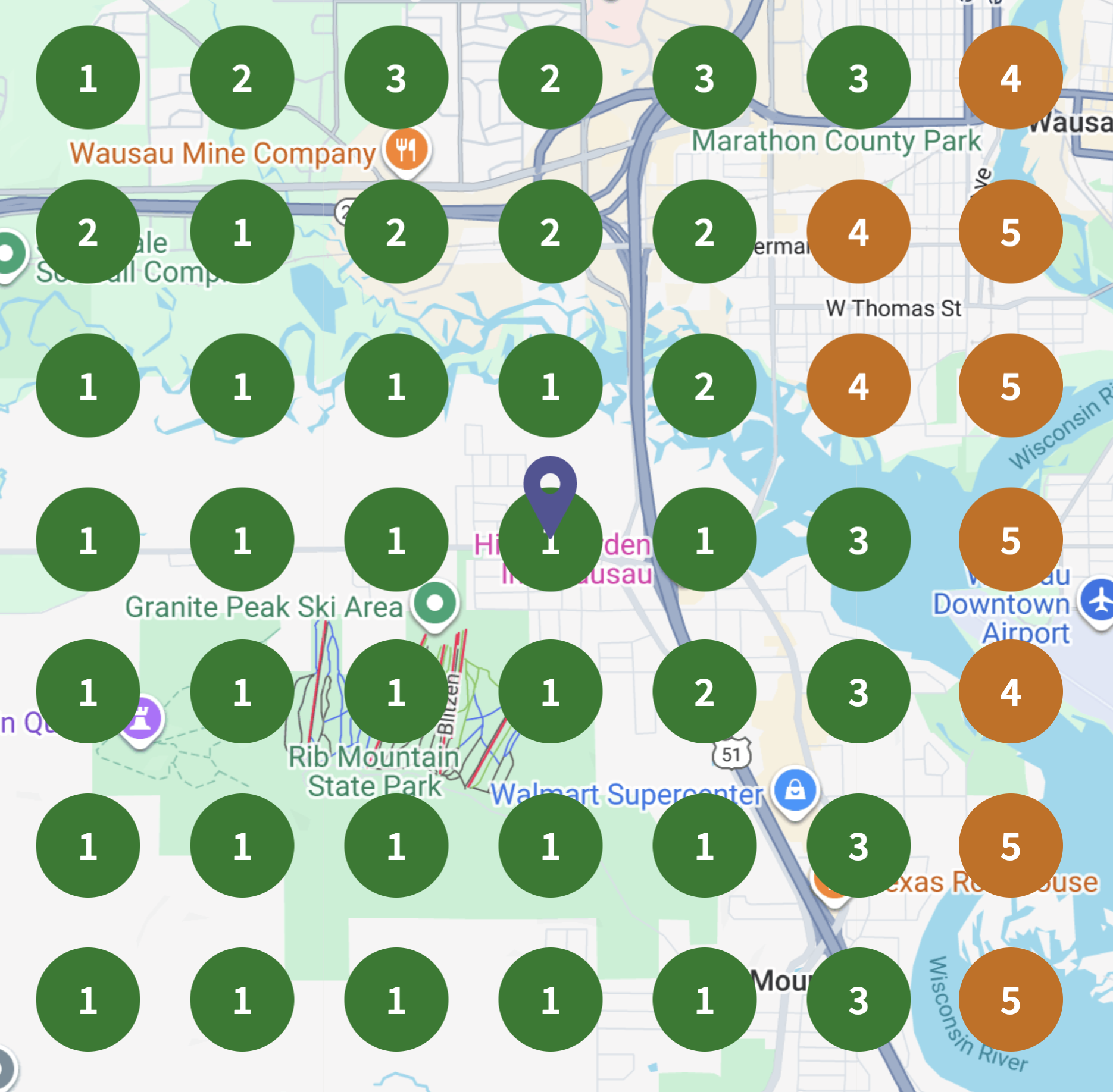 Map of Wausau, Wisconsin showing various locations with color-coded markers indicating different types or categories. The markers display numbers ranging from 1 to 5.