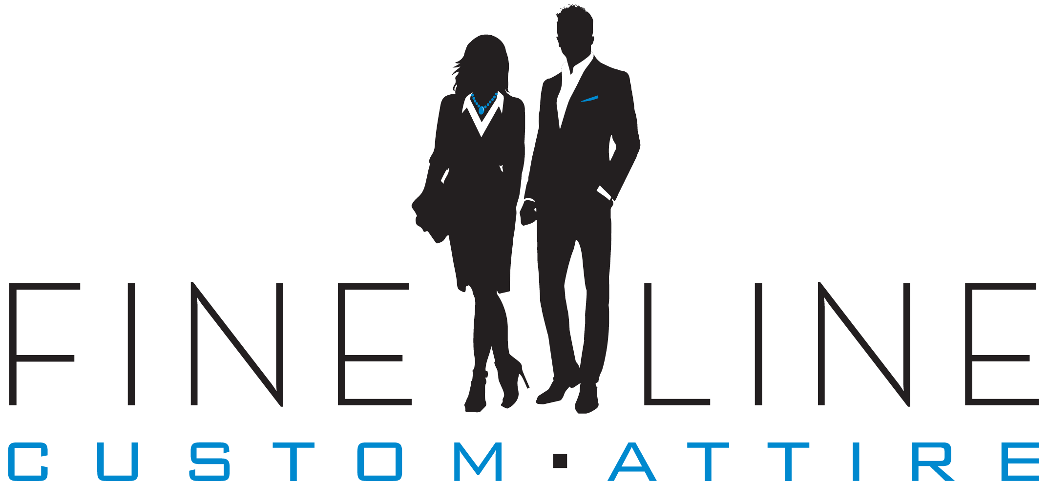 Logo of Fineline Custom Attire featuring two silhouetted figures of a man and a woman dressed in formal business attire with the company name below.