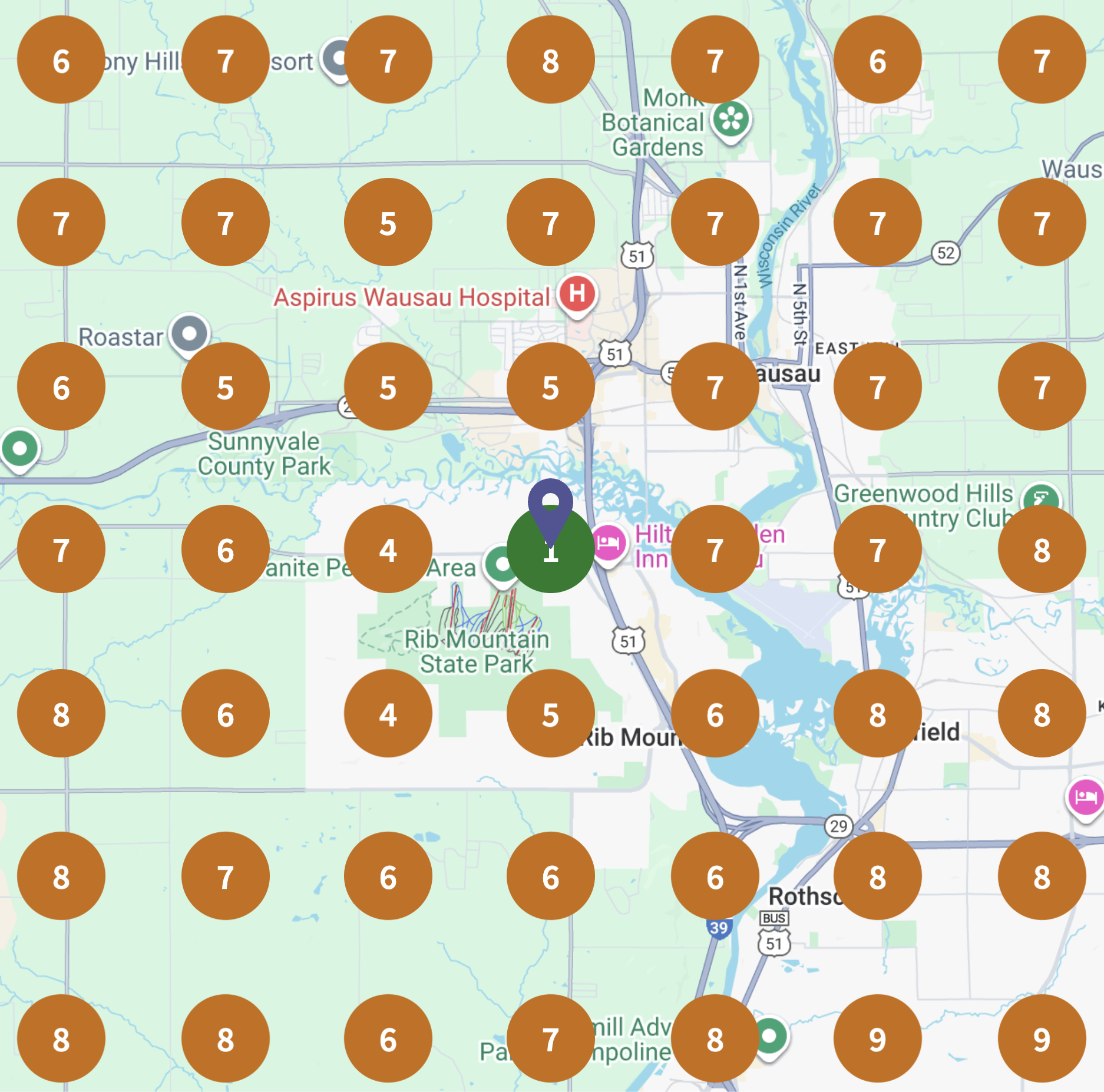 Map of Waukesha, Wisconsin, with weather temperature readings at various locations, showing temperatures ranging from 4 to 9 degrees Fahrenheit.