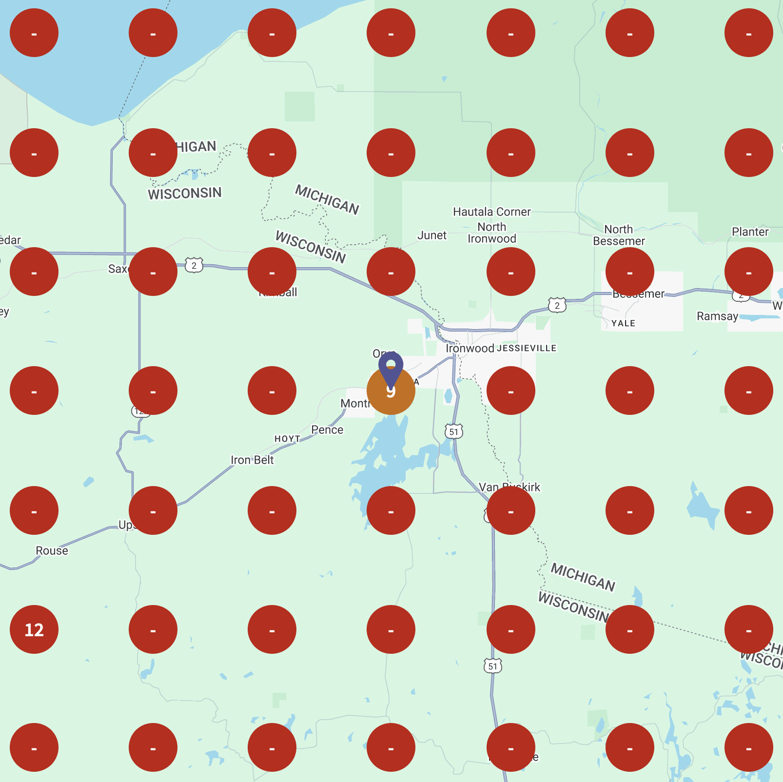 Map of Ironwood, Michigan, showing nearby roads and lakes, with a marker indicating a specific location.