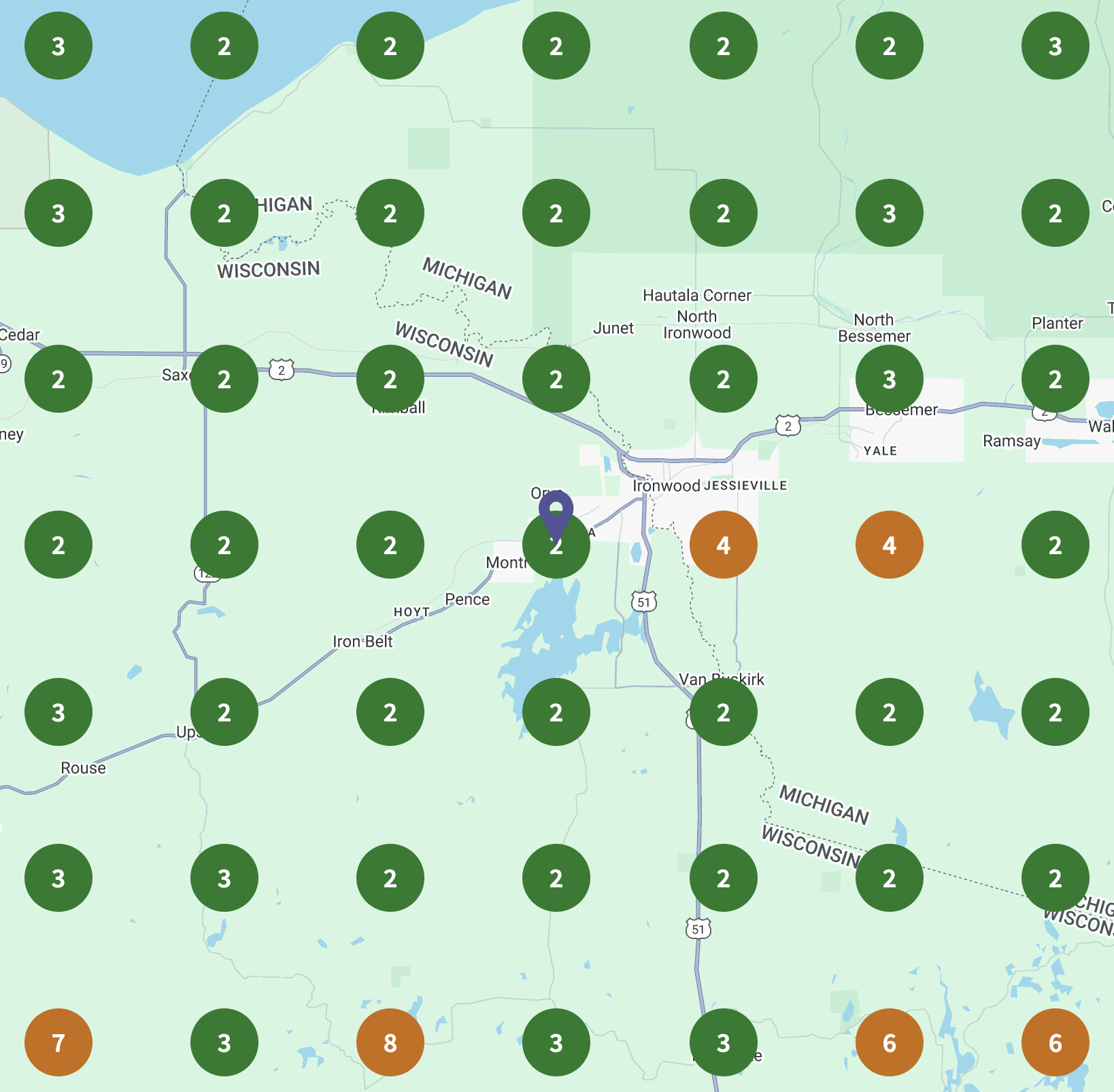 Map of central Michigan showing weather alert levels with color-coded circles indicating storm severity in different areas around Lansing, Michigan.