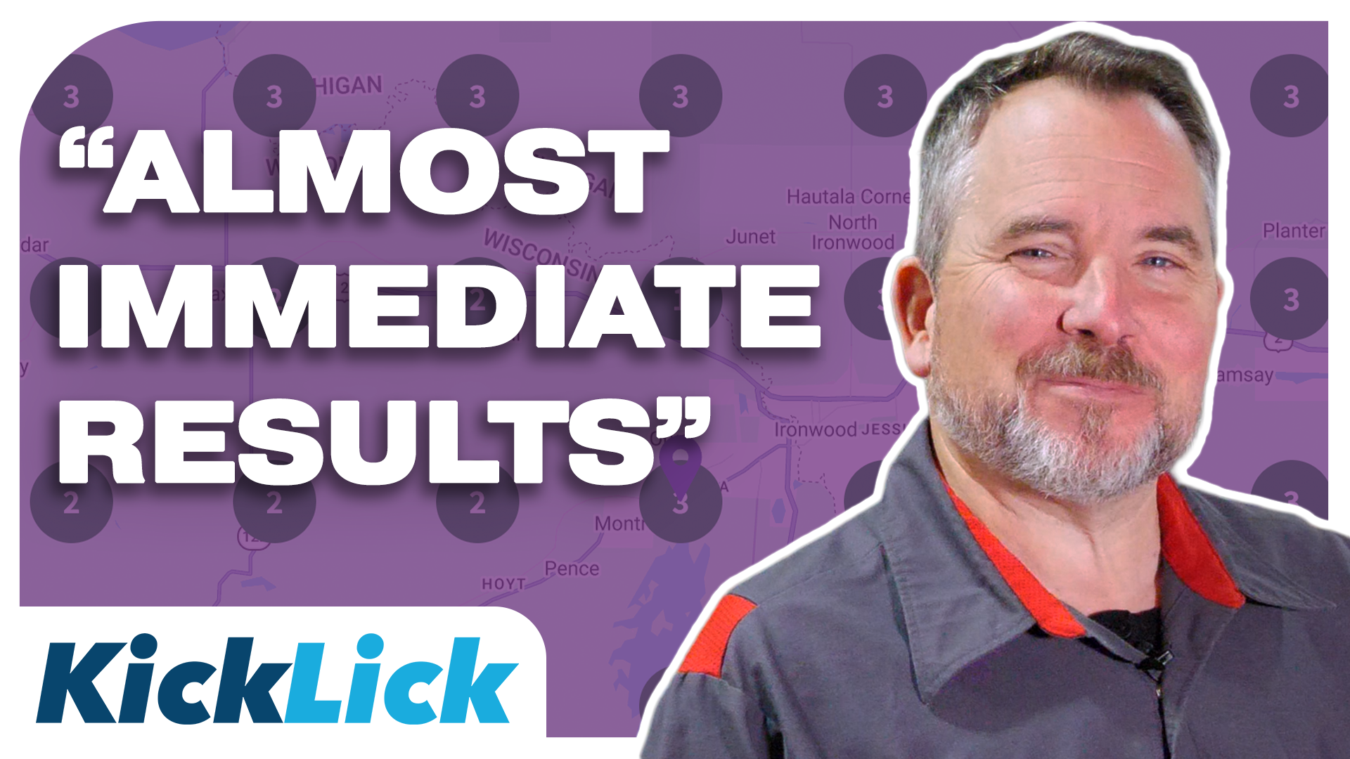 A man with short gray hair and a beard, wearing a gray jacket with red accents, smiling at the camera, with a purple background and white text that says 'Almost Immediate Results,' and a blue and white 'KickLick' logo.