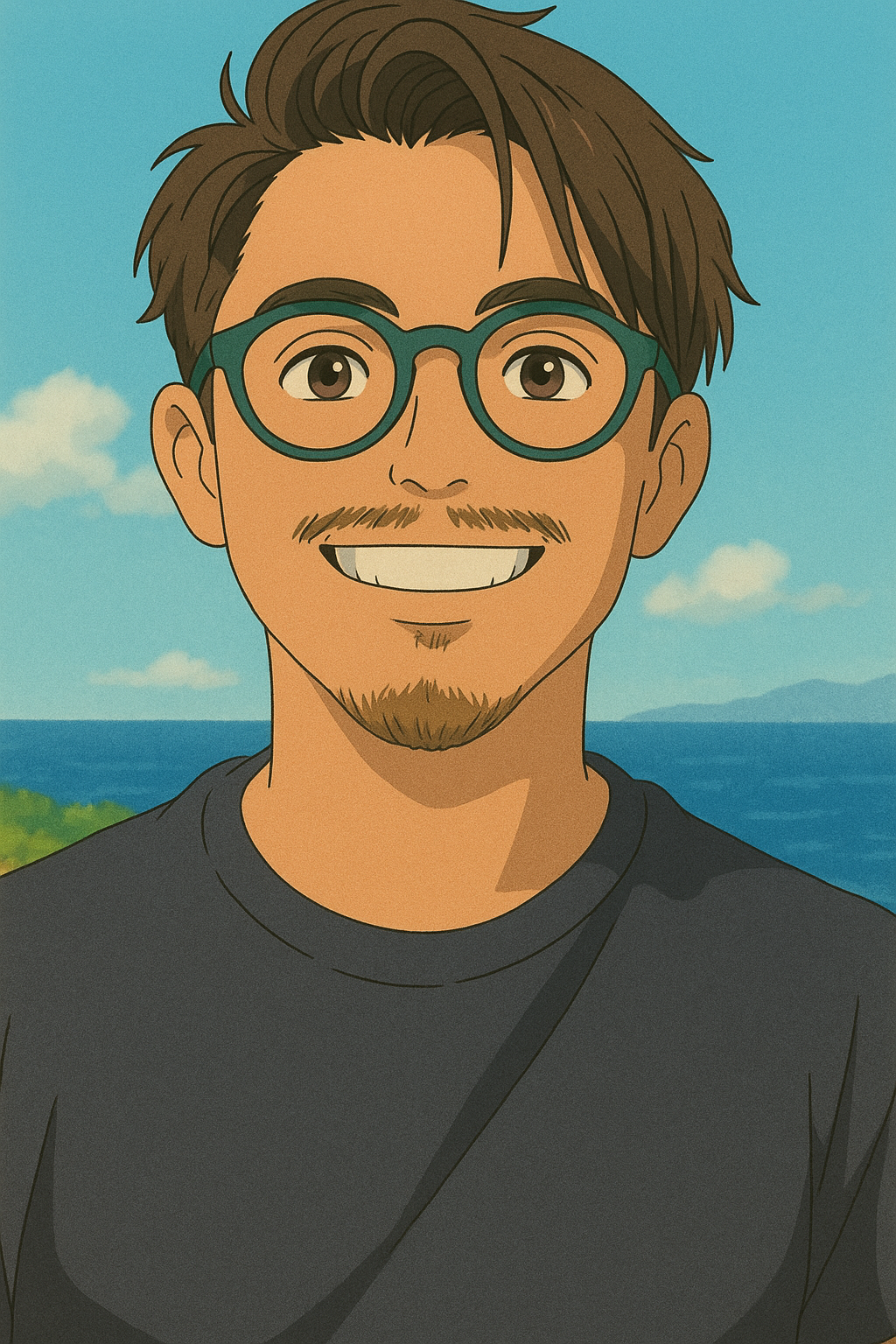 An animated drawing of a smiling man with glasses, a short beard, and short brown hair, outdoors with a blue sky, some clouds, greenery, and water in the background.