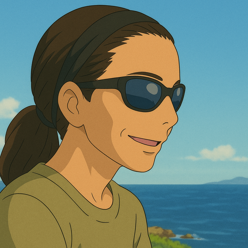 An animated woman with brown hair tied back in a ponytail, wearing black sunglasses, a green shirt, and a broad smile, standing outdoors with the ocean and a partly cloudy sky in the background.
