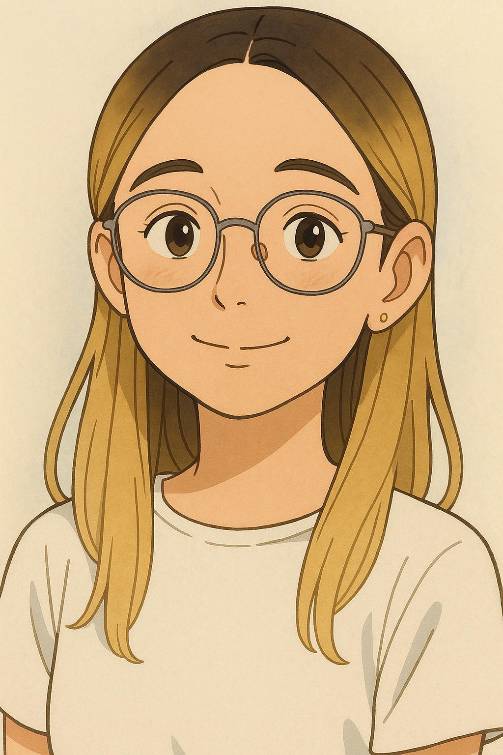 Illustration of a young woman with long blonde hair, round glasses, and a small earring, smiling and wearing a cream-colored shirt.