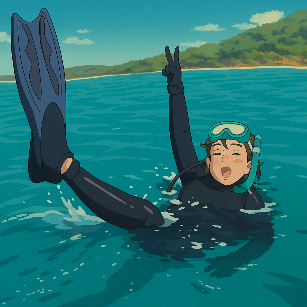 A person in scuba gear making a peace sign while floating in the ocean near a shoreline with trees.