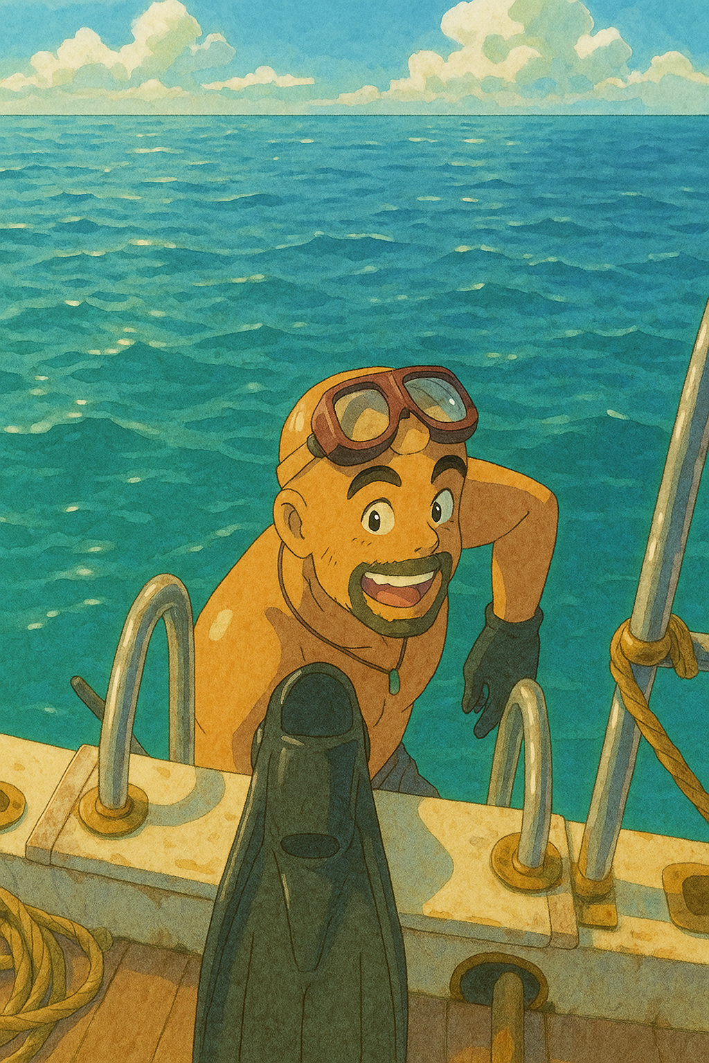 Cartoon illustration of a man with a beard and snorkeling goggles, smiling while leaning over the side of a boat in the ocean with a blue sky and clouds in the background.