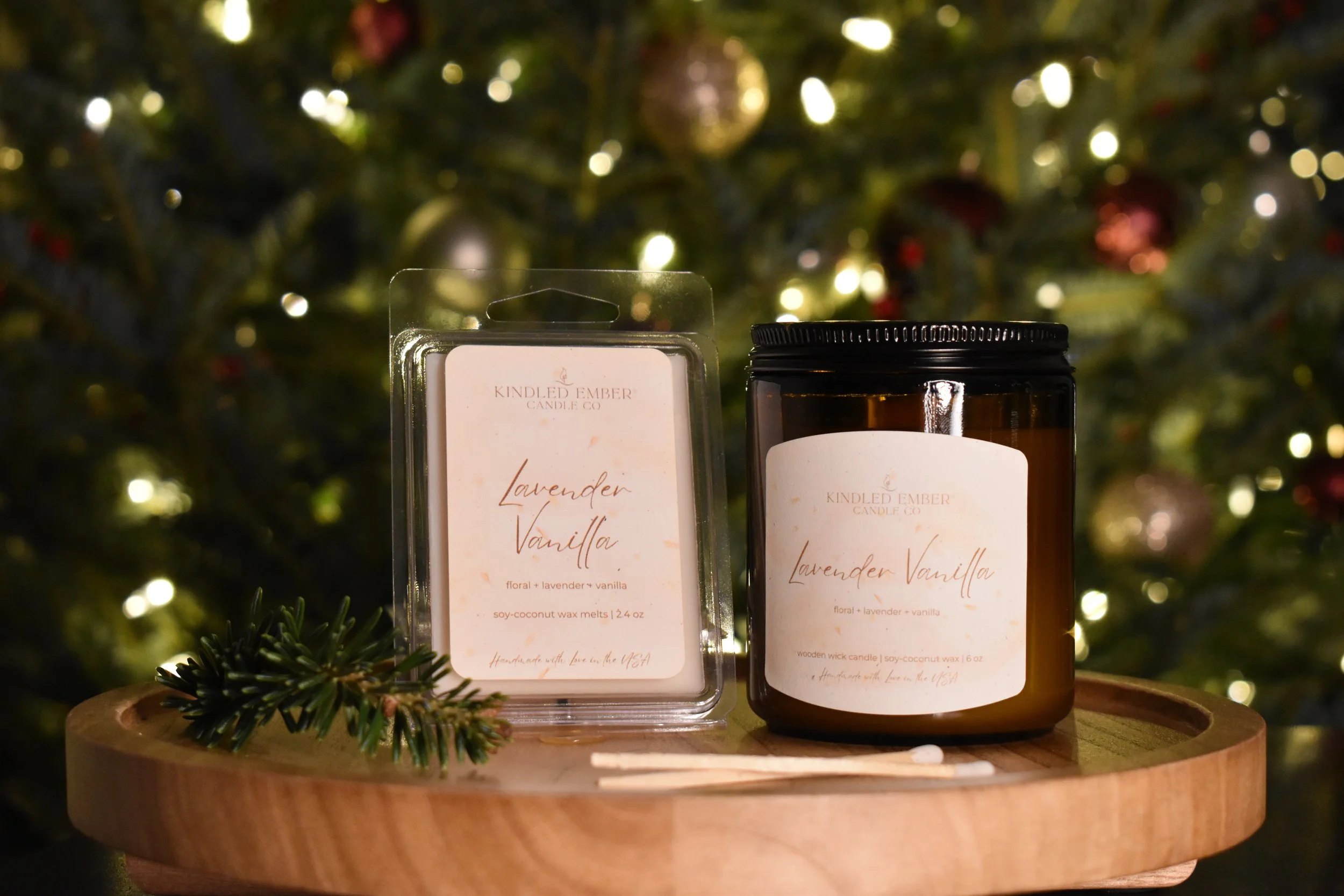 Lavender Vanilla Wax Melt and Candle in front of Christmas tree