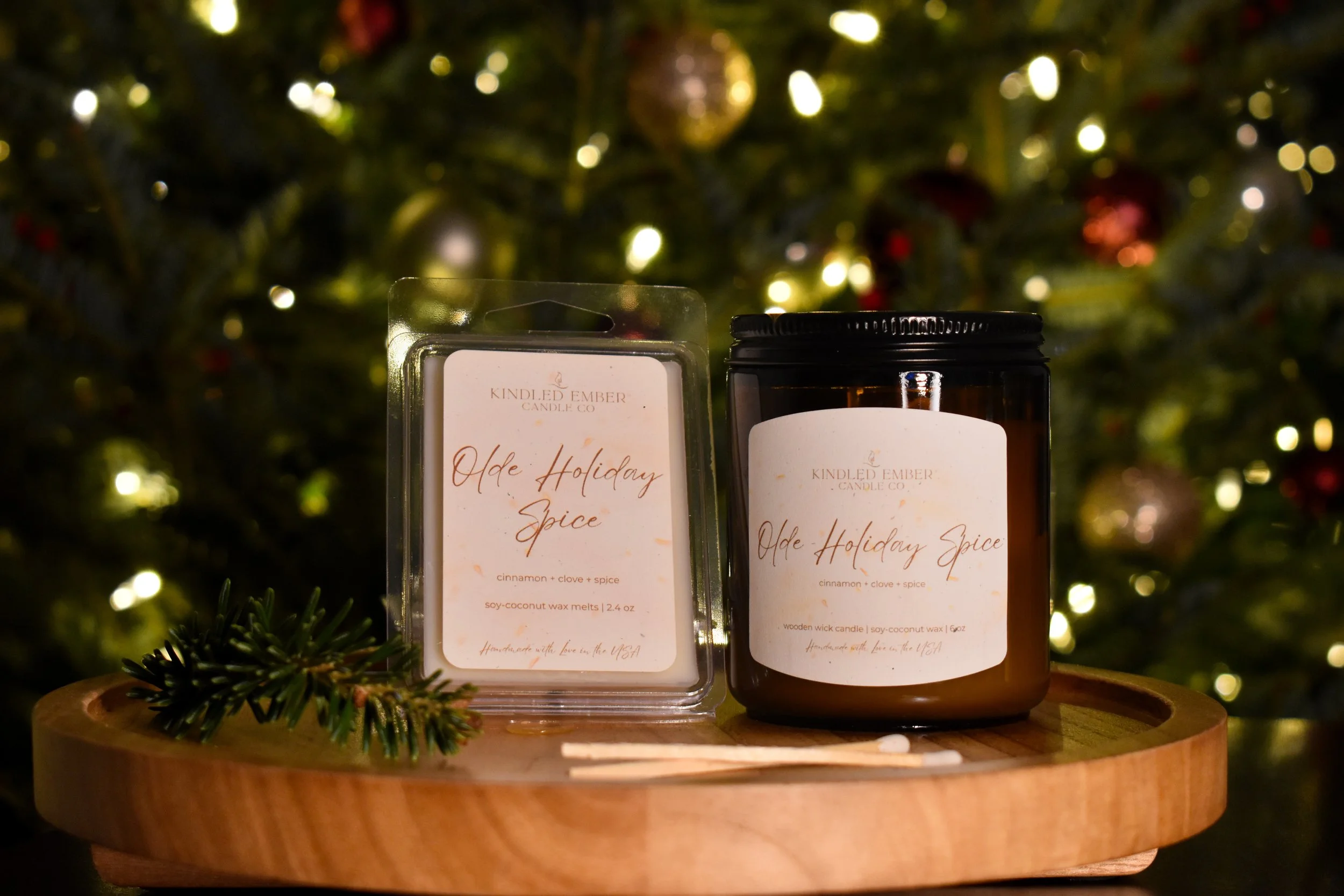 Olde Holiday Spice Wax Melt and Candle in front of Christmas Tree
