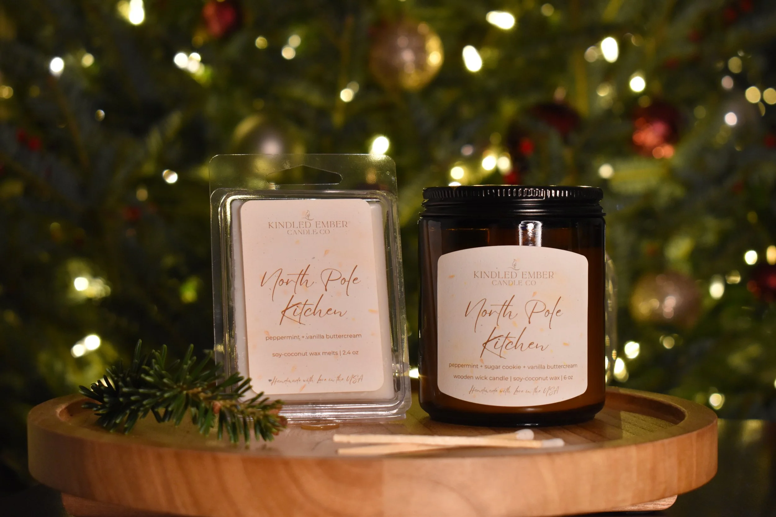 North Pole Kitchen Wax Melt and Candle in front of Christmas Tree