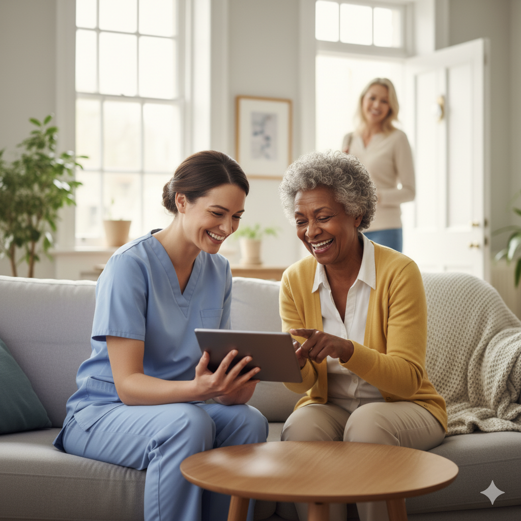 A young female nurse and an elderly woman are sitting together on a sofa, looking at a tablet and smiling. There is another woman in the background standing near a door in a bright, cozy living room.