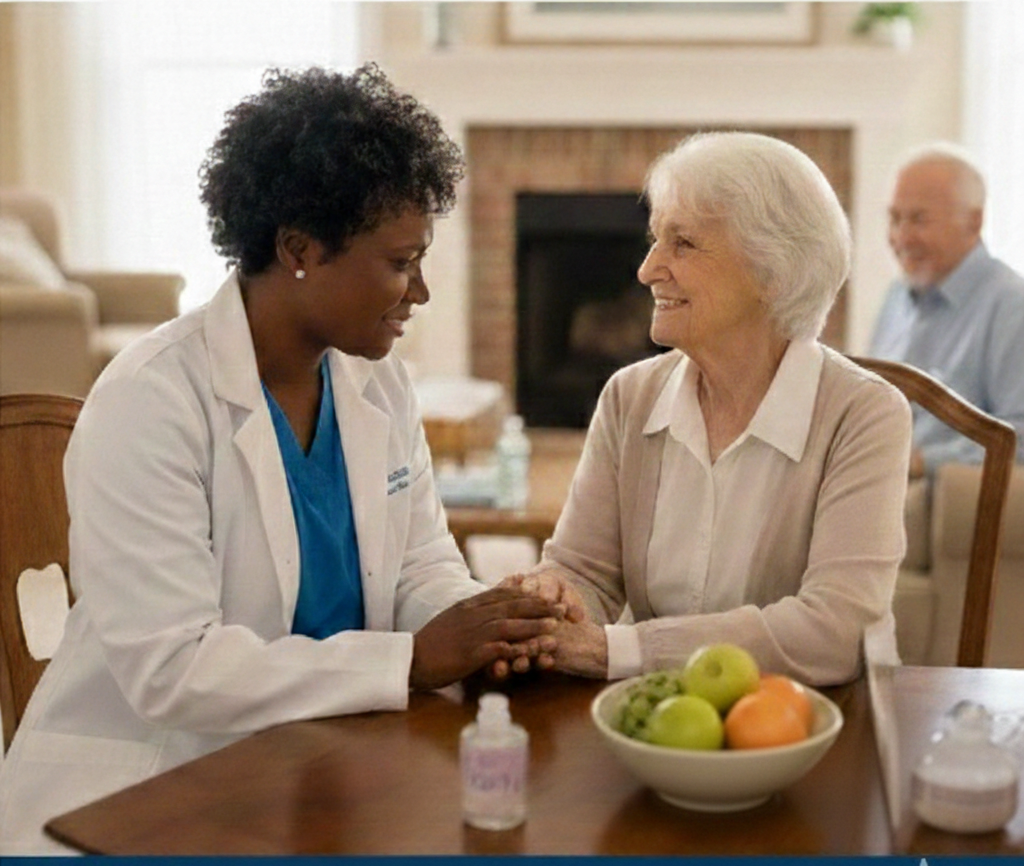 A healthcare worker, wearing a white coat and blue scrubs, holding hands and smiling at an elderly woman sitting at a dining table with a bowl of fruit. In the background, a man is sitting on a sofa.
