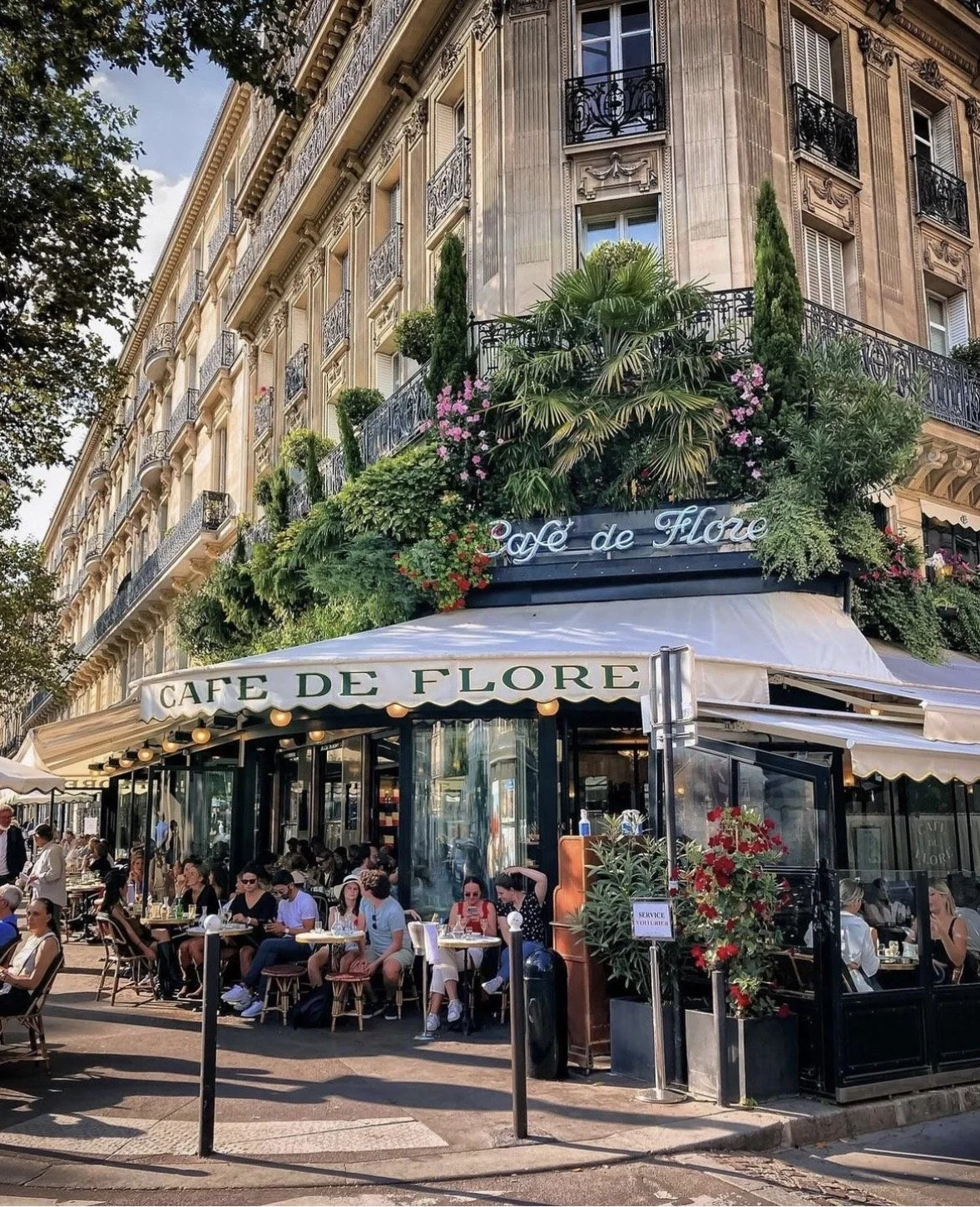 People dining outside at Café de Flore, a Parisian-style café with a flower-decorated exterior, on a busy city street. The café has a canopy and seating area filled with customers, with a building full of balconies and lush greenery in the background.