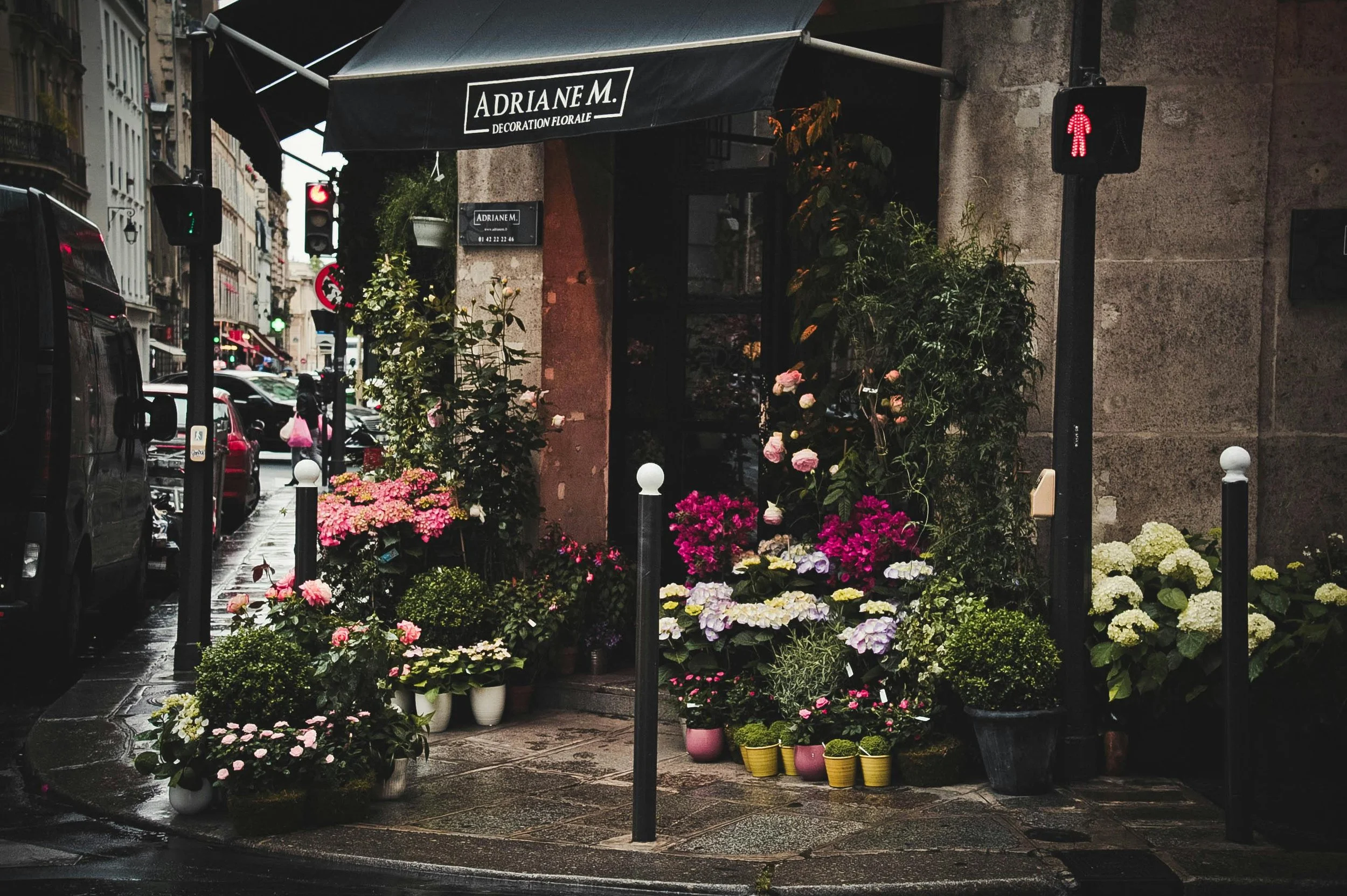 A city sidewalk with a flower shop display of colorful potted plants and flowers, a storefront awning with 'Adrianne M.' signage, and traffic lights including a pedestrian signal. Street with cars is visible on the left.