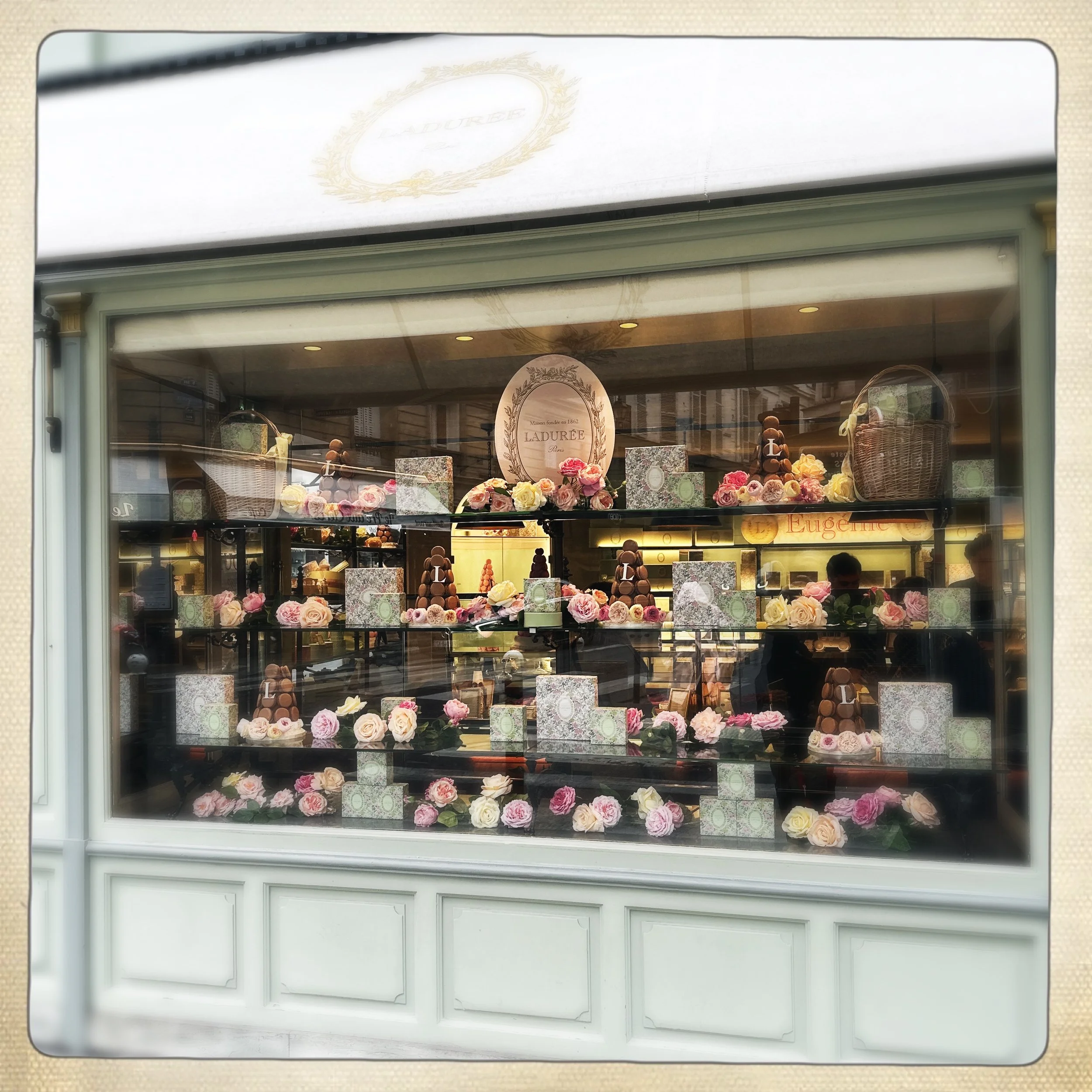 Store window display decorated with pink and white roses, floral arrangements, and chocolate confections, including pyramid-shaped chocolates and gift boxes.