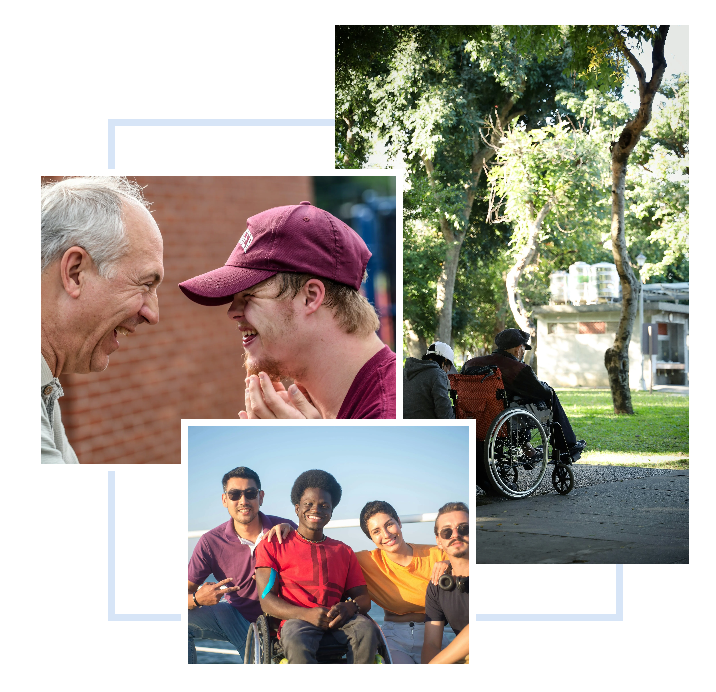 collage of diverse people including elderly and young individuals, some in wheelchair, enjoying outdoor activities in a park with trees and sunlight