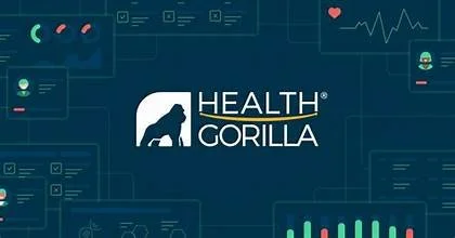 Logo for Health Gorilla featuring a blue silhouette of a gorilla's head in a square and the text 'Health Gorilla' written in blue with an orange curved line connecting the letters 'H' and 'T'.