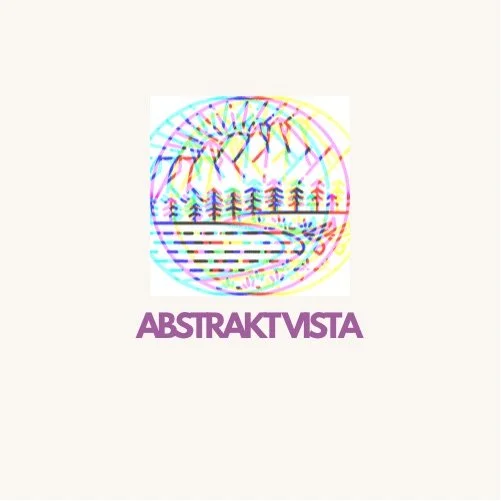 Colorful abstract logo featuring a circle with trees, lines, and a sun, with the text 'ABSTRAKT VISTA' in purple underneath.