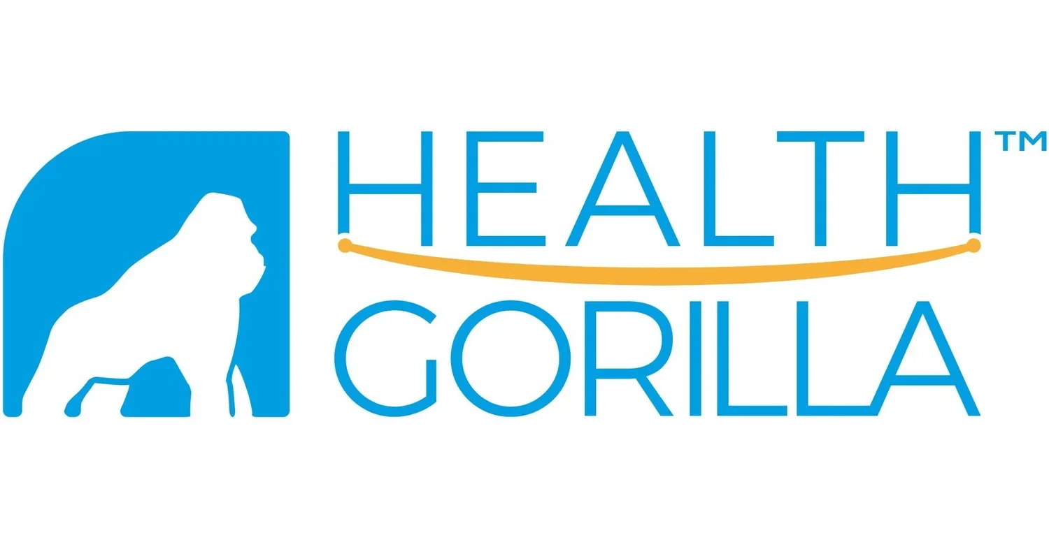 Logo for Health Gorilla featuring a blue silhouette of a gorilla's head in a square and the text 'Health Gorilla' written in blue with an orange curved line connecting the letters 'H' and 'T'.
