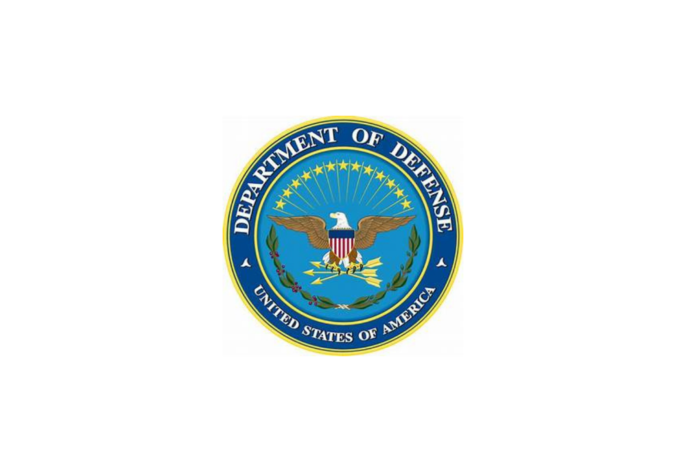 Seal of the U.S. Department of Defense with an eagle, shield, and laurel wreath on a blue background.