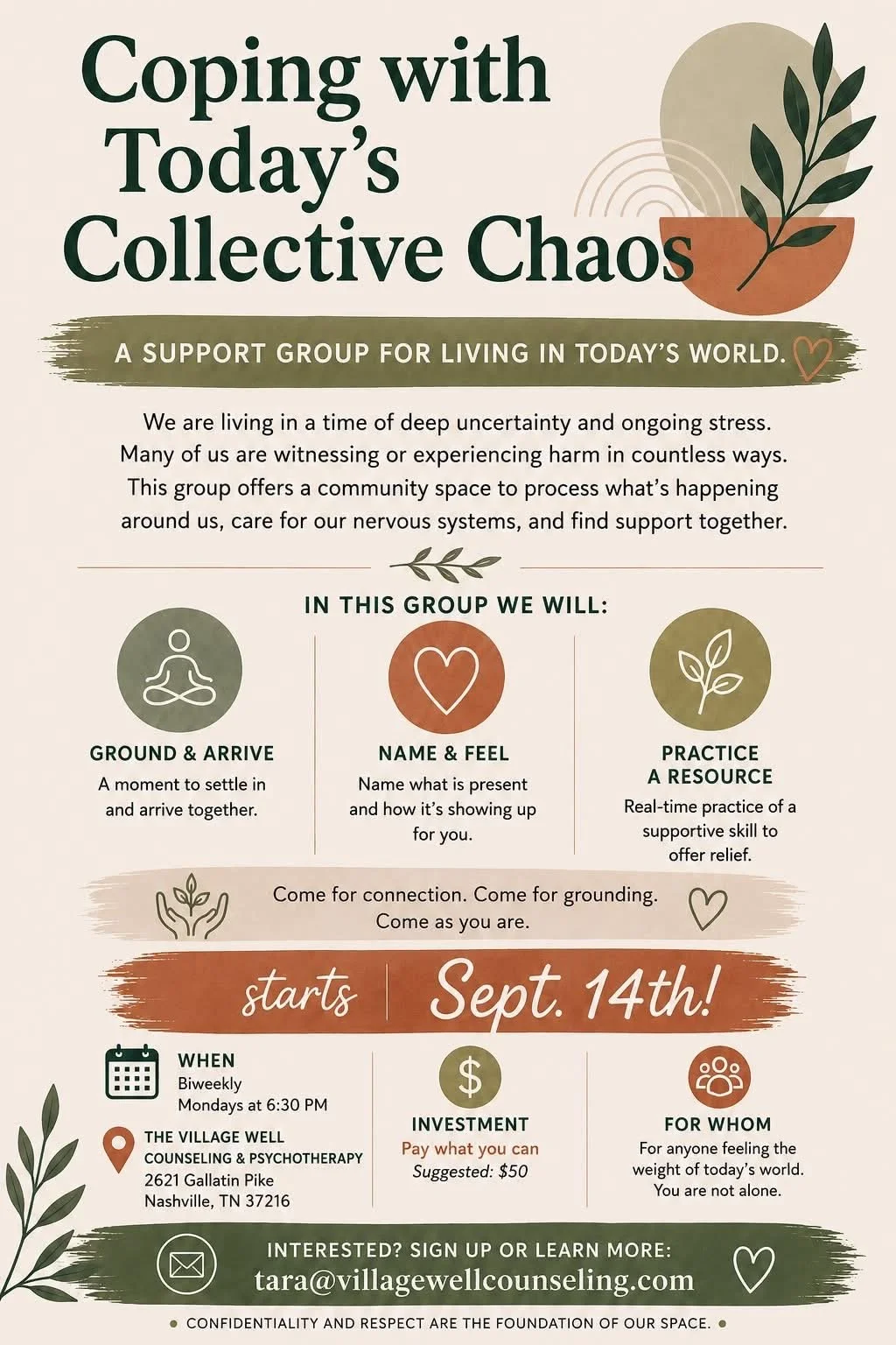 Flyer for a support group titled "Coping with Today's Collective Chaos," starting September 14th. It features sections for ground and arrive, name and feel, and practicing a resource, with information on when, where, investment, and contact details.