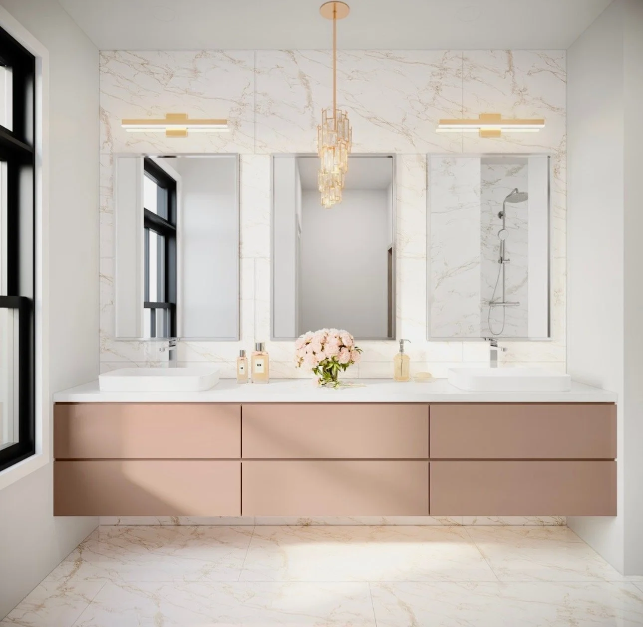 A masterclass in modern elegance. This primary bath showcases bold design choices, from the continuous veined porcelain walls to the custom floating vanity providing ample storage. The blend of contemporary lighting and high-end finishes creates a br